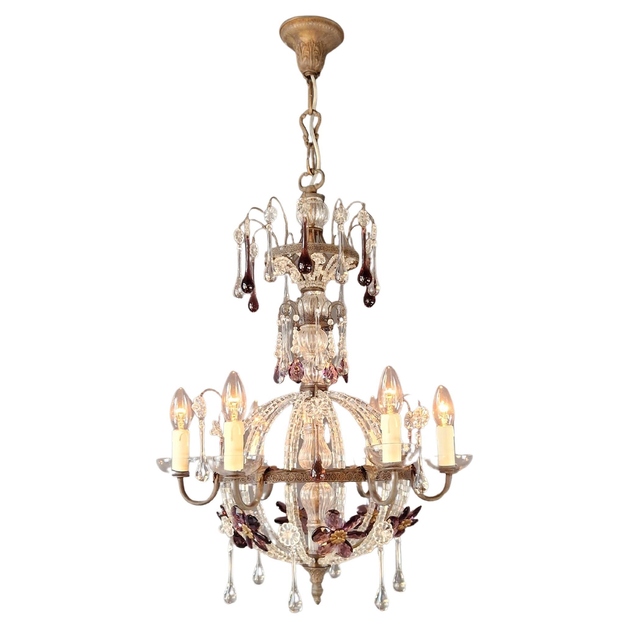Plafonnier ancien des années 1930 en cristal lustré laiton rare néoclassique en vente