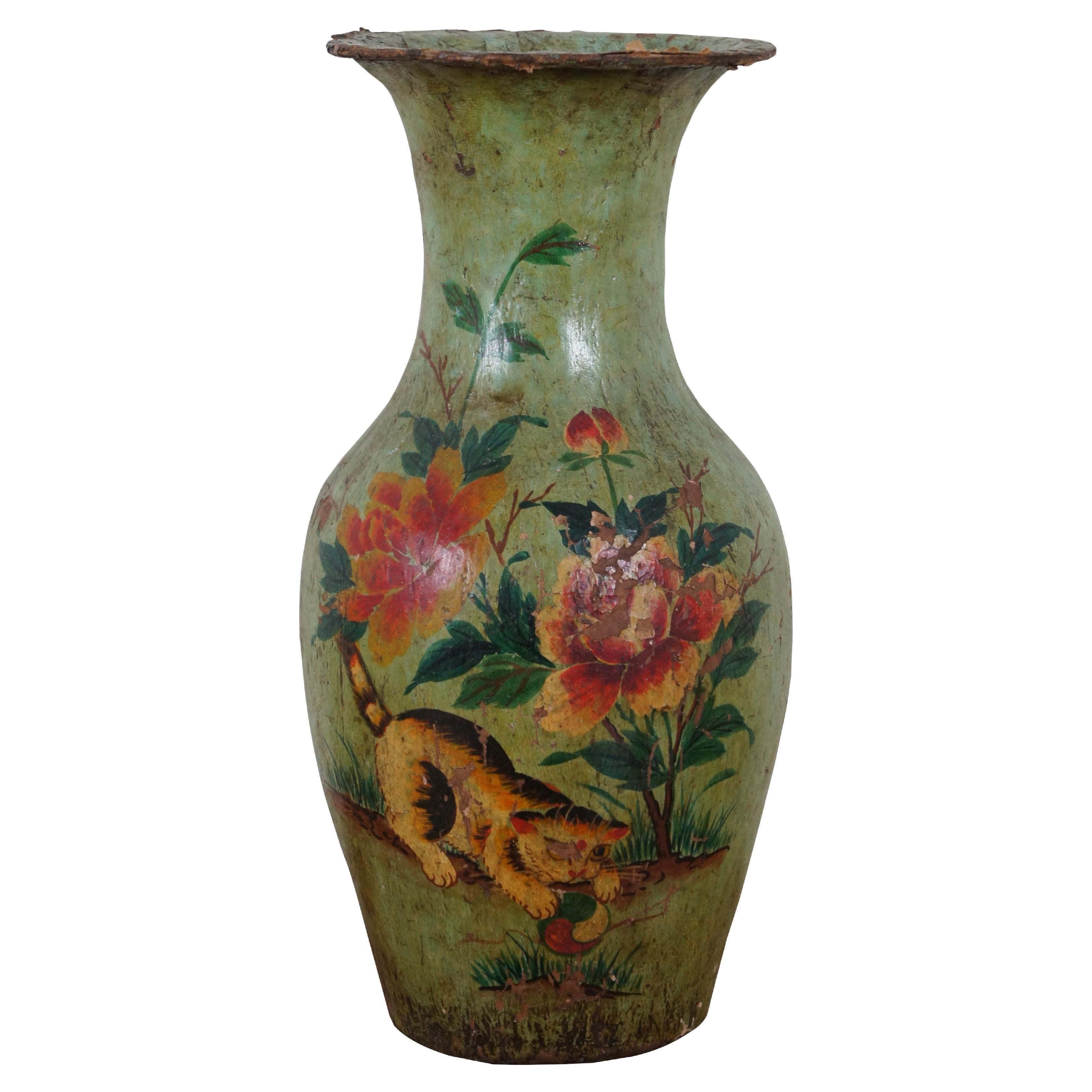 Antike 1930er Jahre Chinesisch Volkskunst Papier Mache Kätzchen Kitty Katze Blume Vase im Angebot