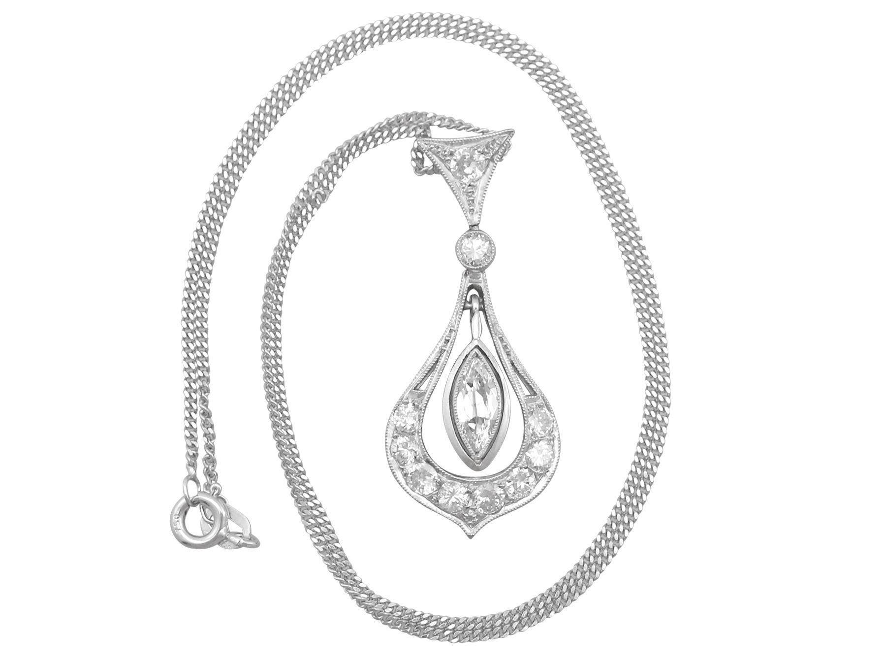 An impressive antique 1930s 0.87 carat diamond and platinum pendant; part of our diverse antique jewelry and estate jewelry collections.

This fine and impressive antique diamond pendant has been crafted in platinum.

The pierced decorated, pear