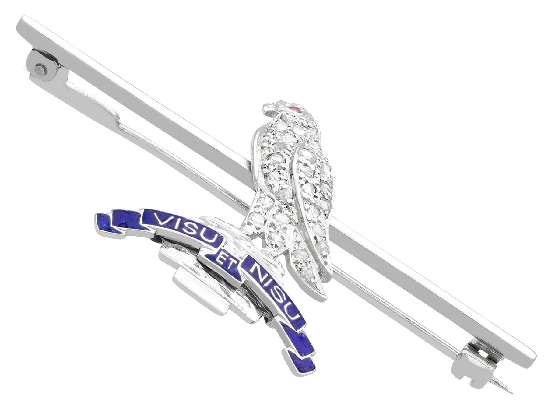 Oval Cut Antique 1930s Diamond and Ruby White Gold Regimental Brooch For Sale
