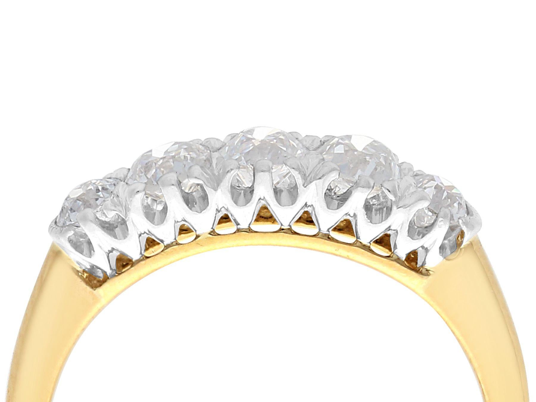 An impressive 0.90 carat diamond and 18 karat yellow gold, platinum set five stone dress ring; part of our diverse antique jewelry and estate jewelry collections

This fine and impressive diamond ring has been crafted in 18k yellow gold with a
