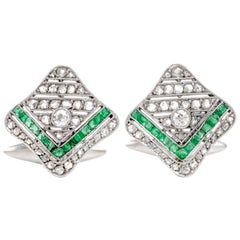 Antique 1930s Diamond Emerald Platinum Handkerchief Cufflinks