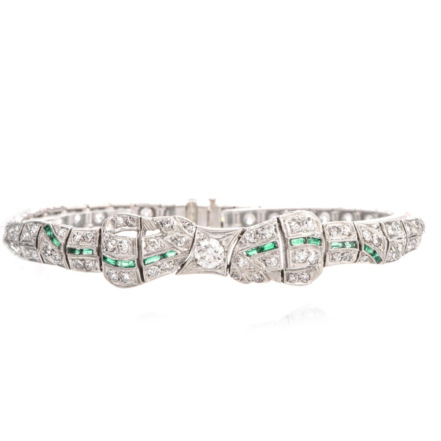 Art Deco Antique 1930s Diamond Emerald Platinum Ribbon and Bow Bracelet