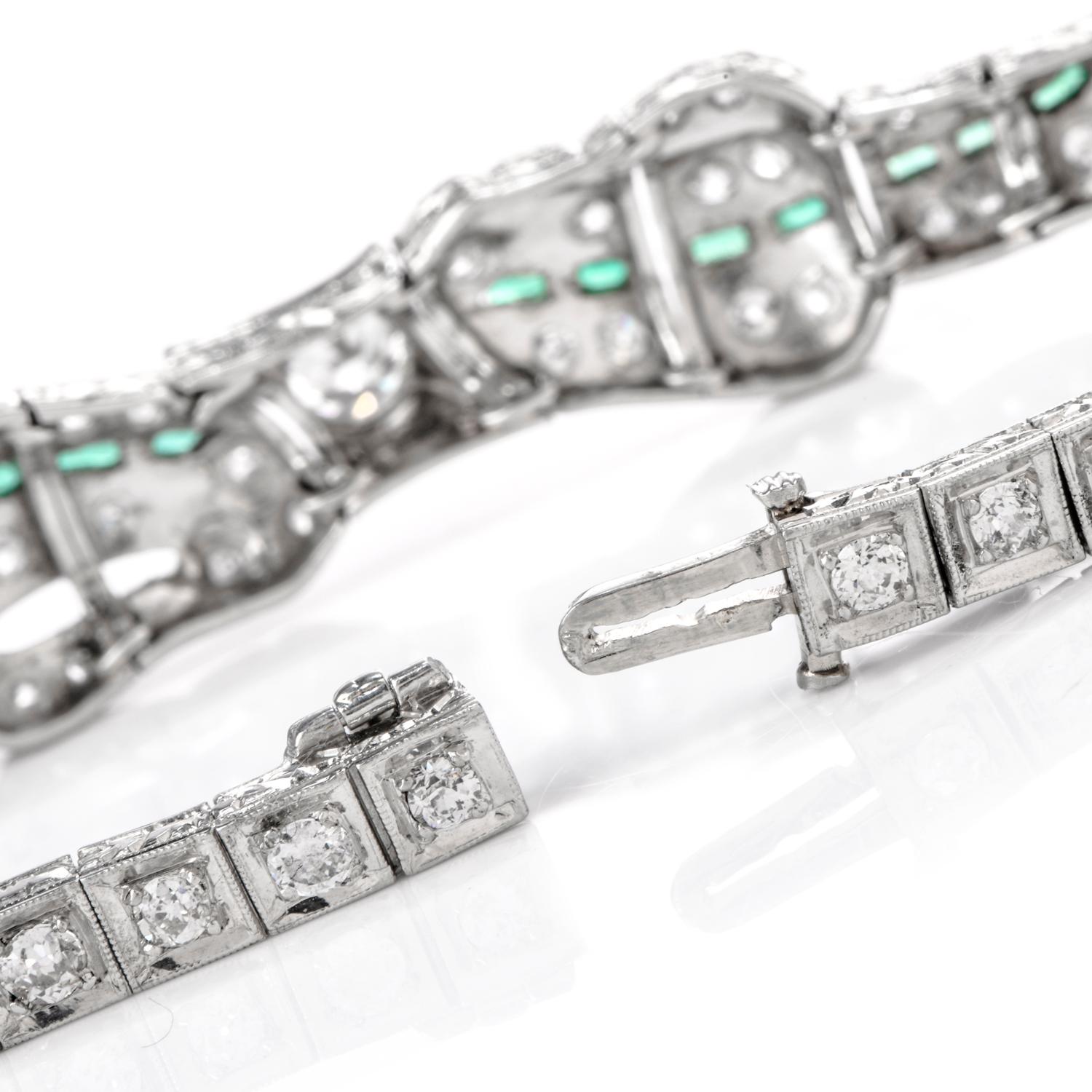 Round Cut Antique 1930s Diamond Emerald Platinum Ribbon and Bow Bracelet