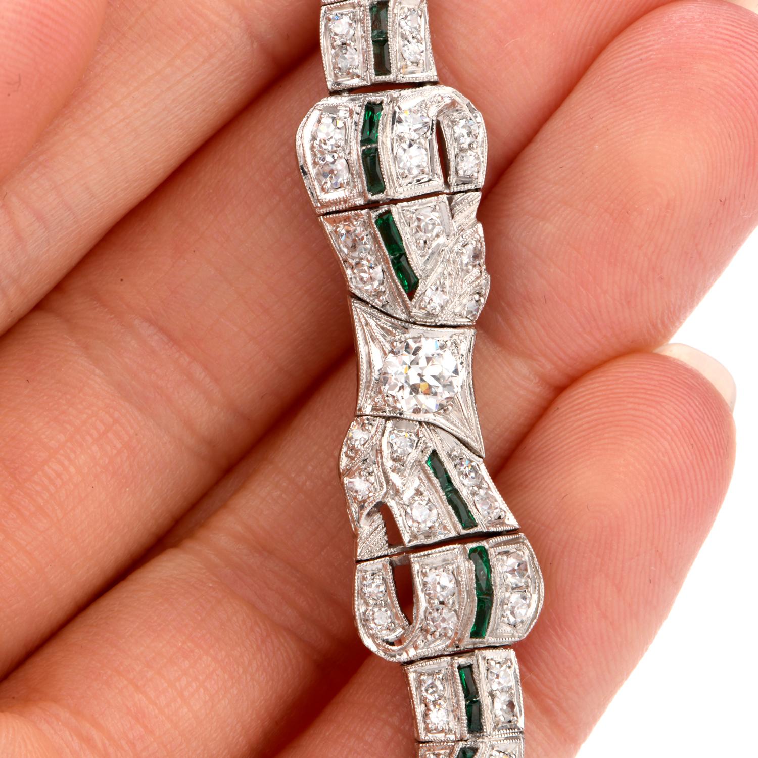 Women's Antique 1930s Diamond Emerald Platinum Ribbon and Bow Bracelet