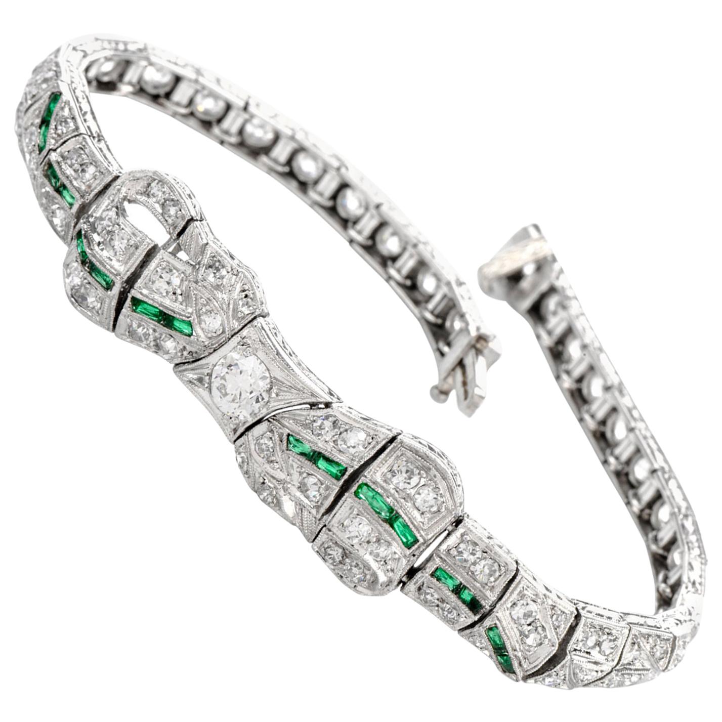 Antique 1930s Diamond Emerald Platinum Ribbon and Bow Bracelet