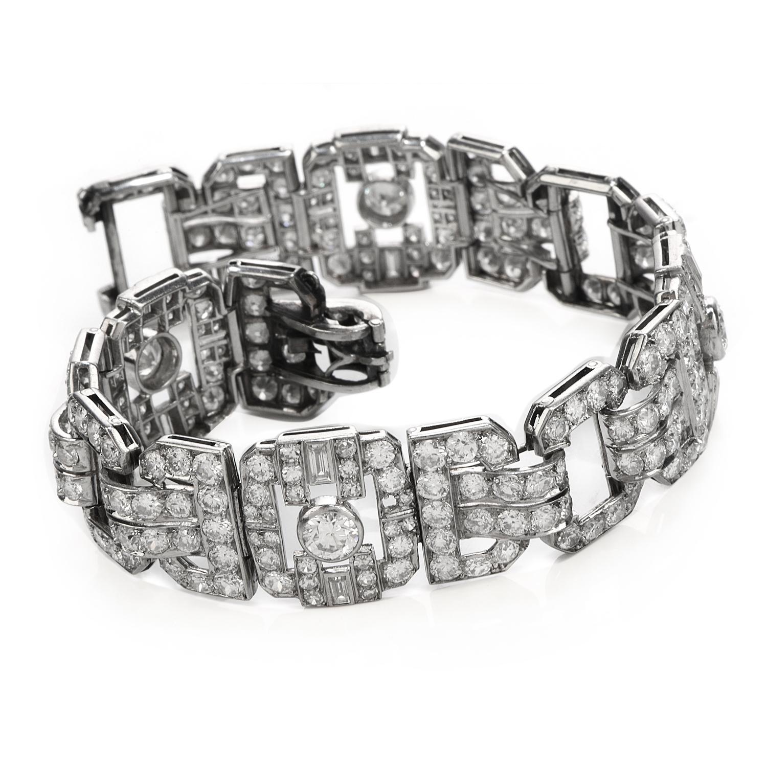 This stunning Antique 1930s Bracelet was inspired by the Art Deco era and is crafted in Luxurious Platinum.

Along the center, 4 larger European cut Diamonds are prominently featured, weighing approx. 1.80 carats and are of G-H color, with very nice