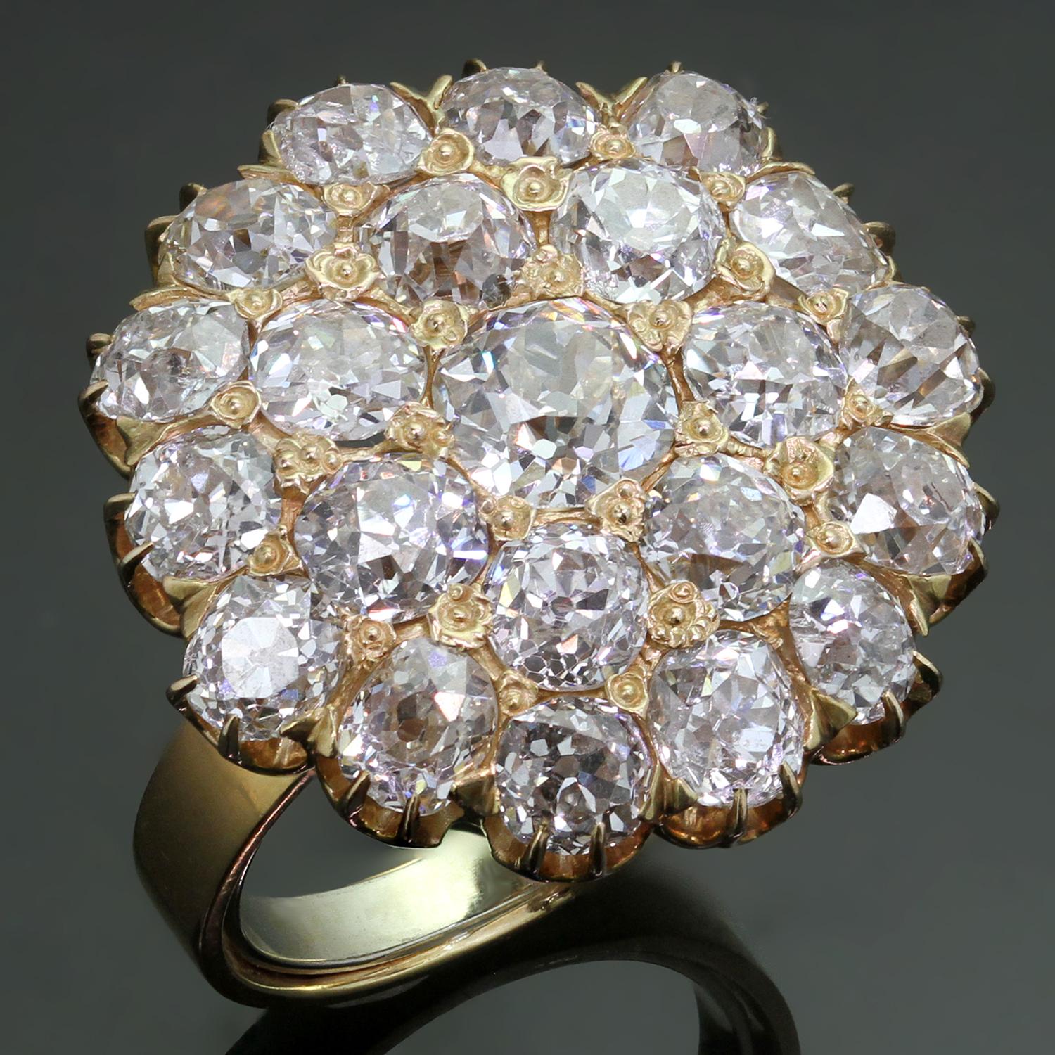 This exquisite antique ring is crafted in 18k rose gold and features a very sparkling round crown set with old mine-cut H-I SI1-SI2 diamonds weighing an estimated 8.86 carats. Completed with an adjustable inner ring guard. Made in United States