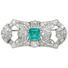 Antique 1930s Emerald Diamond Gold Brooch