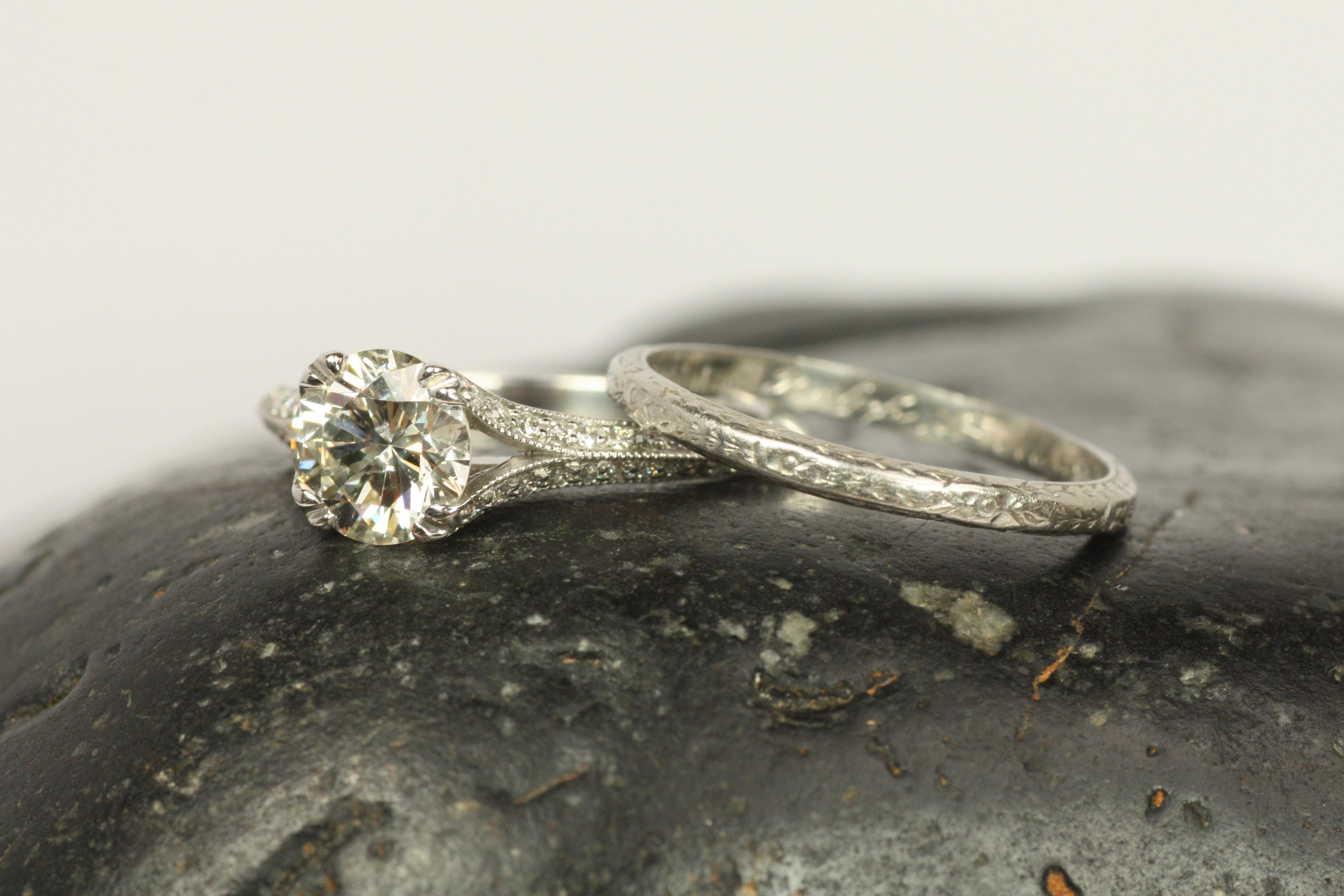 Women's Antique 1930s Floral and Wheat Hand-Engraved Platinum Wedding Band For Sale