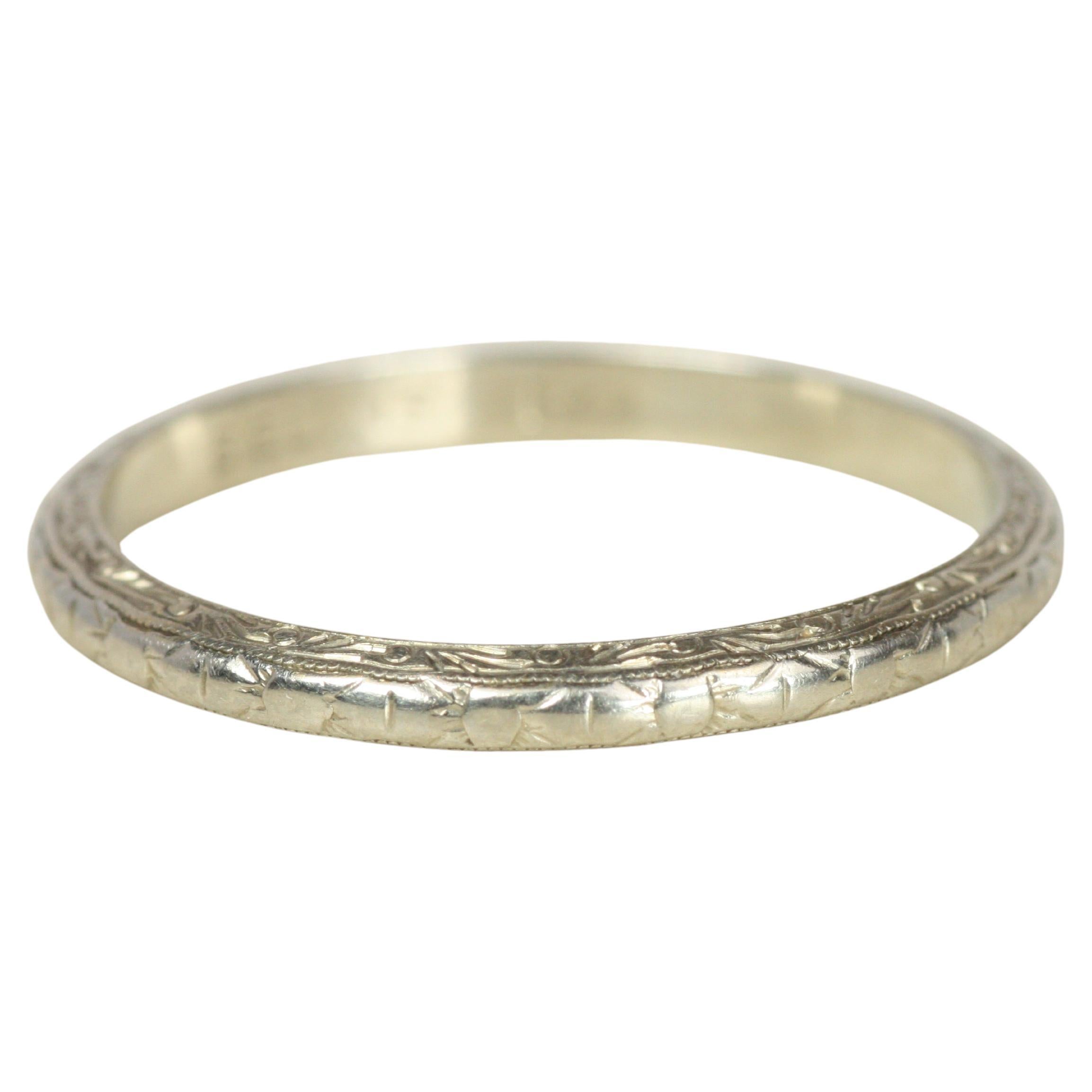Antique 1930s Floral Hand-Engraved White Gold Wedding Band