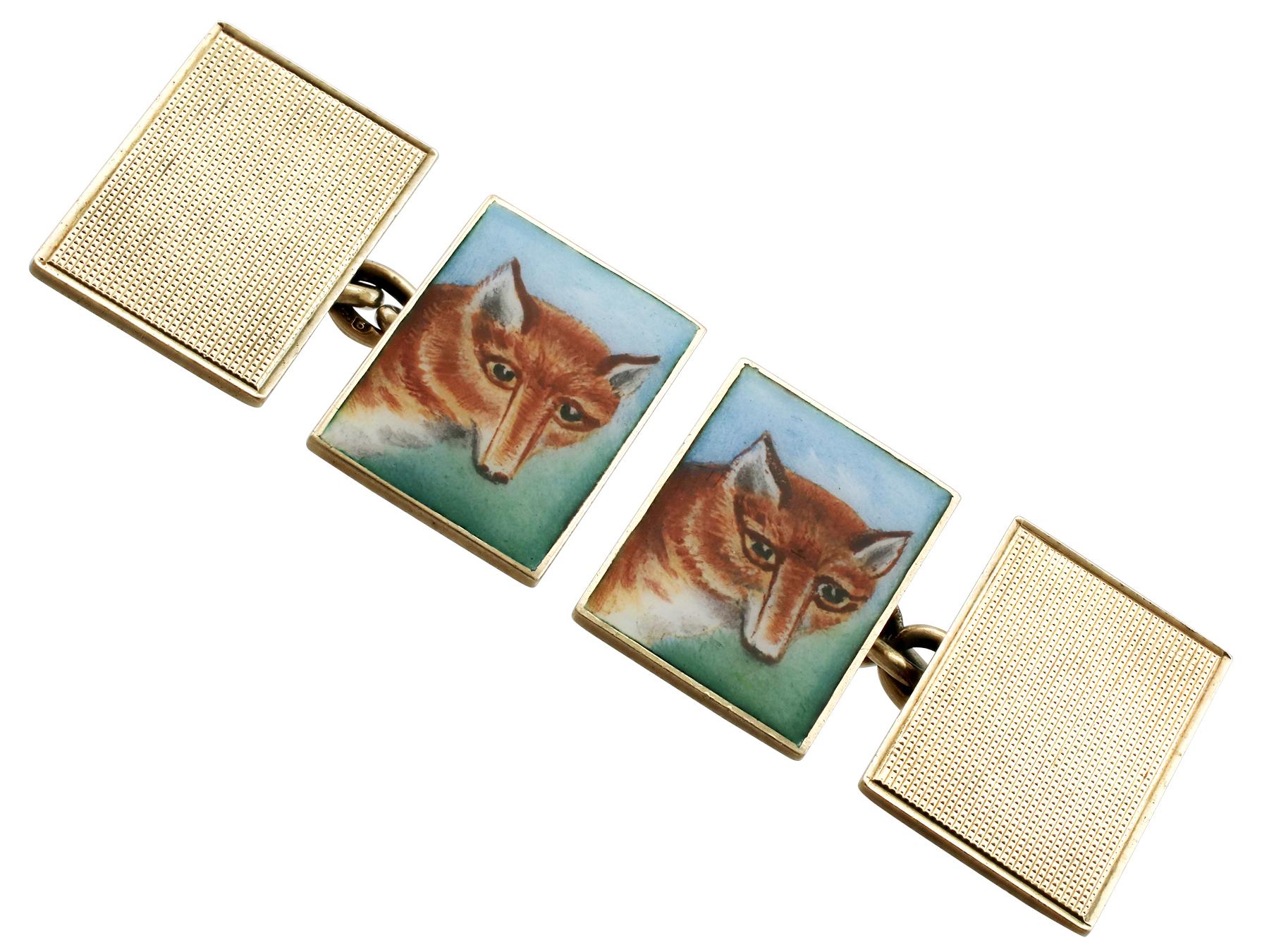 A fine pair of antique enamel and 9 karat yellow gold fox cufflinks; part of our antique jewelry and estate jewelry collections

These fine antique fox cufflinks have been crafted in 9k yellow gold.

Each rectangular anterior link face is ornamented