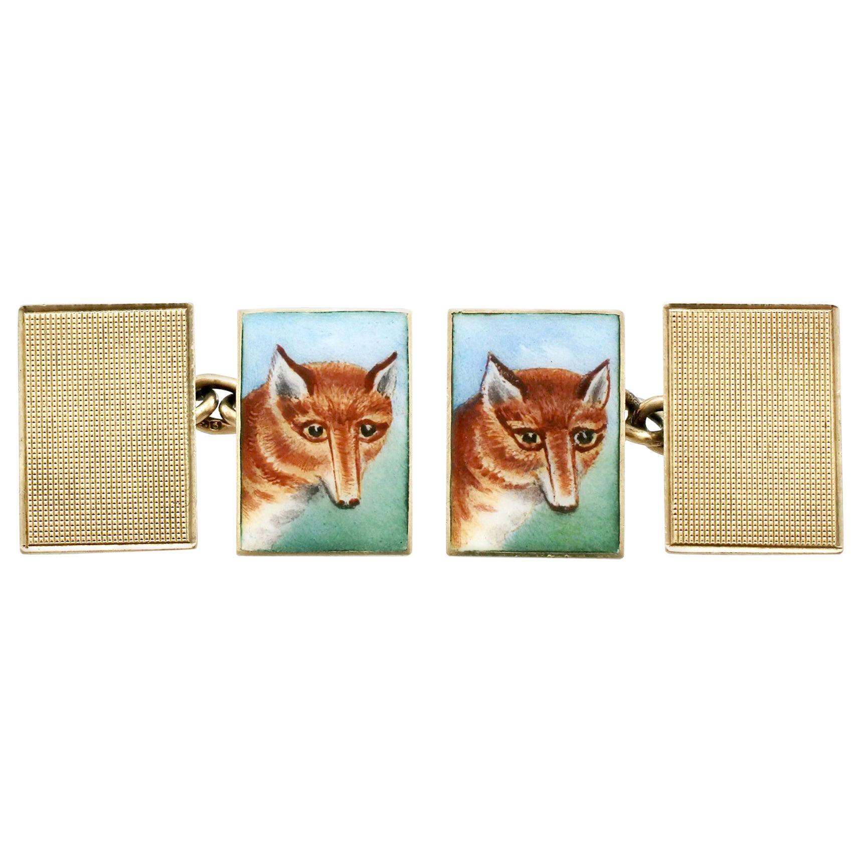 Antique 1930s Fox Head Cufflinks in Enamel and Yellow Gold