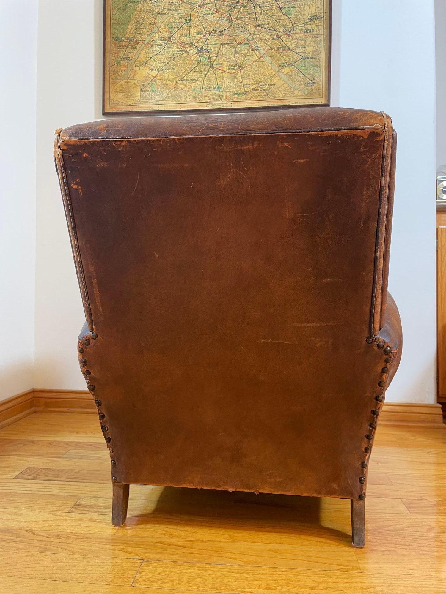 Antique 1930s French Leather Club Chair Distressed For Sale 5