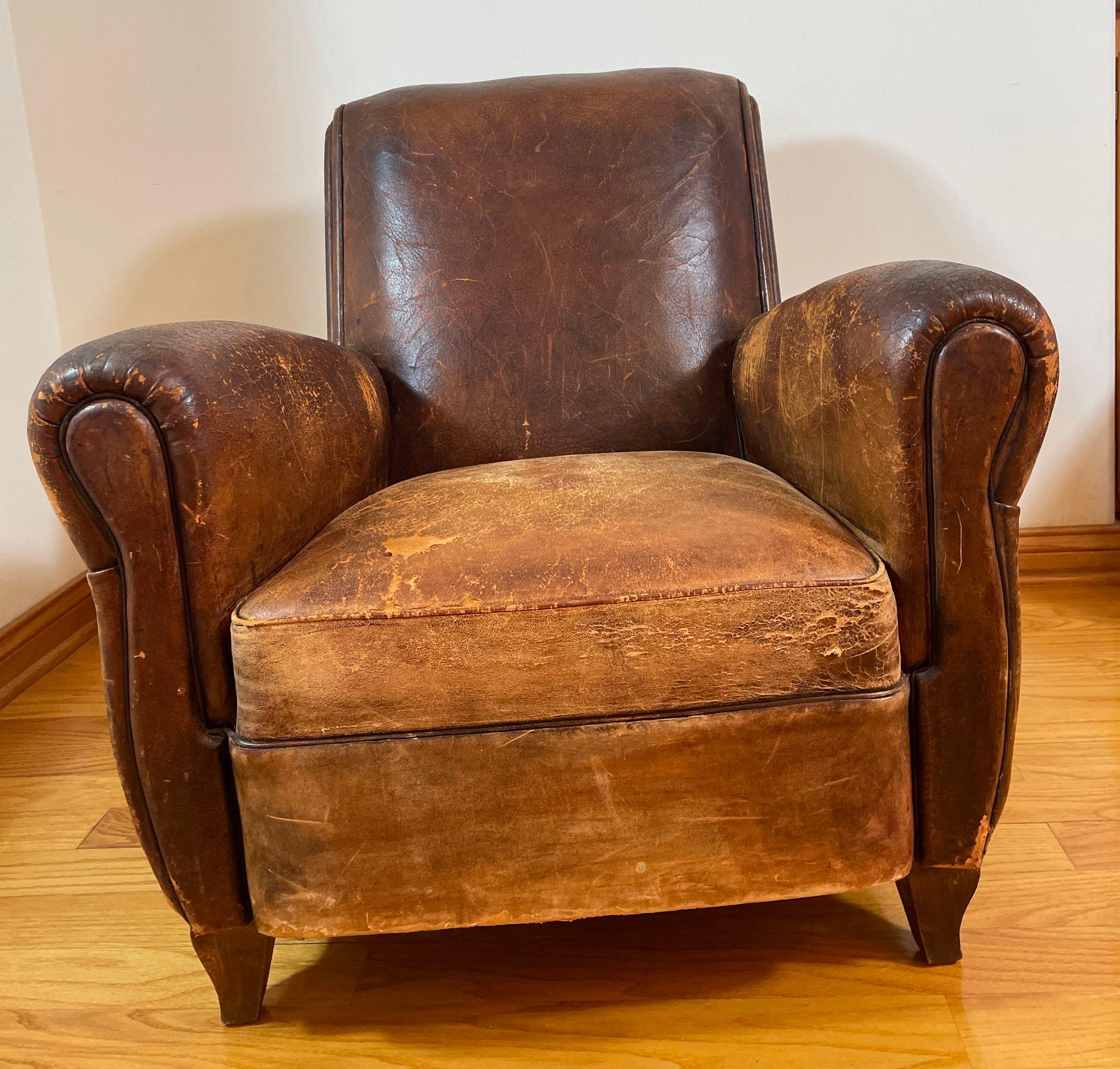 Antique 1930s French Leather Club Chair Distressed For Sale 6