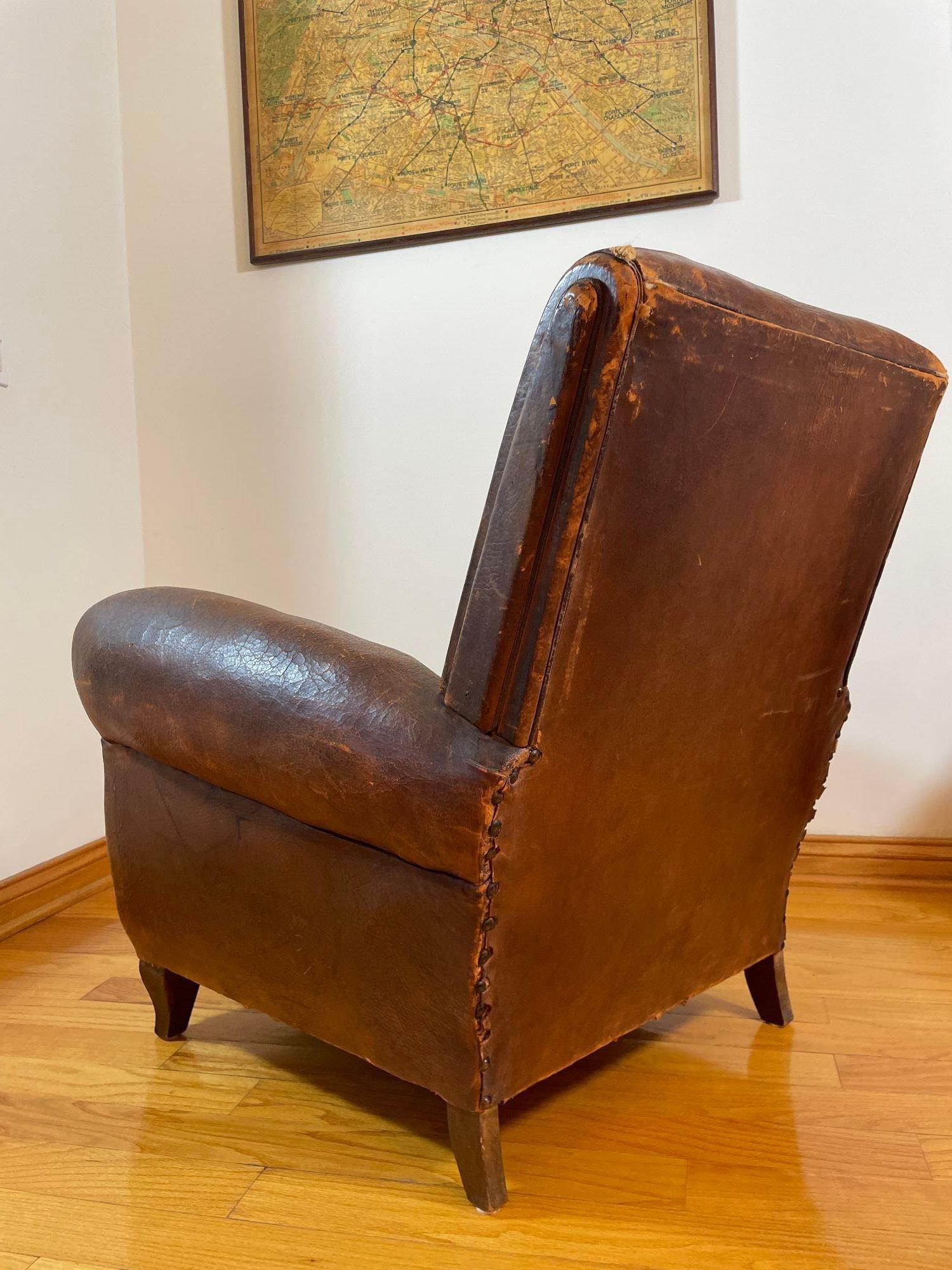 Antique 1930s French Leather Club Chair Distressed For Sale 8