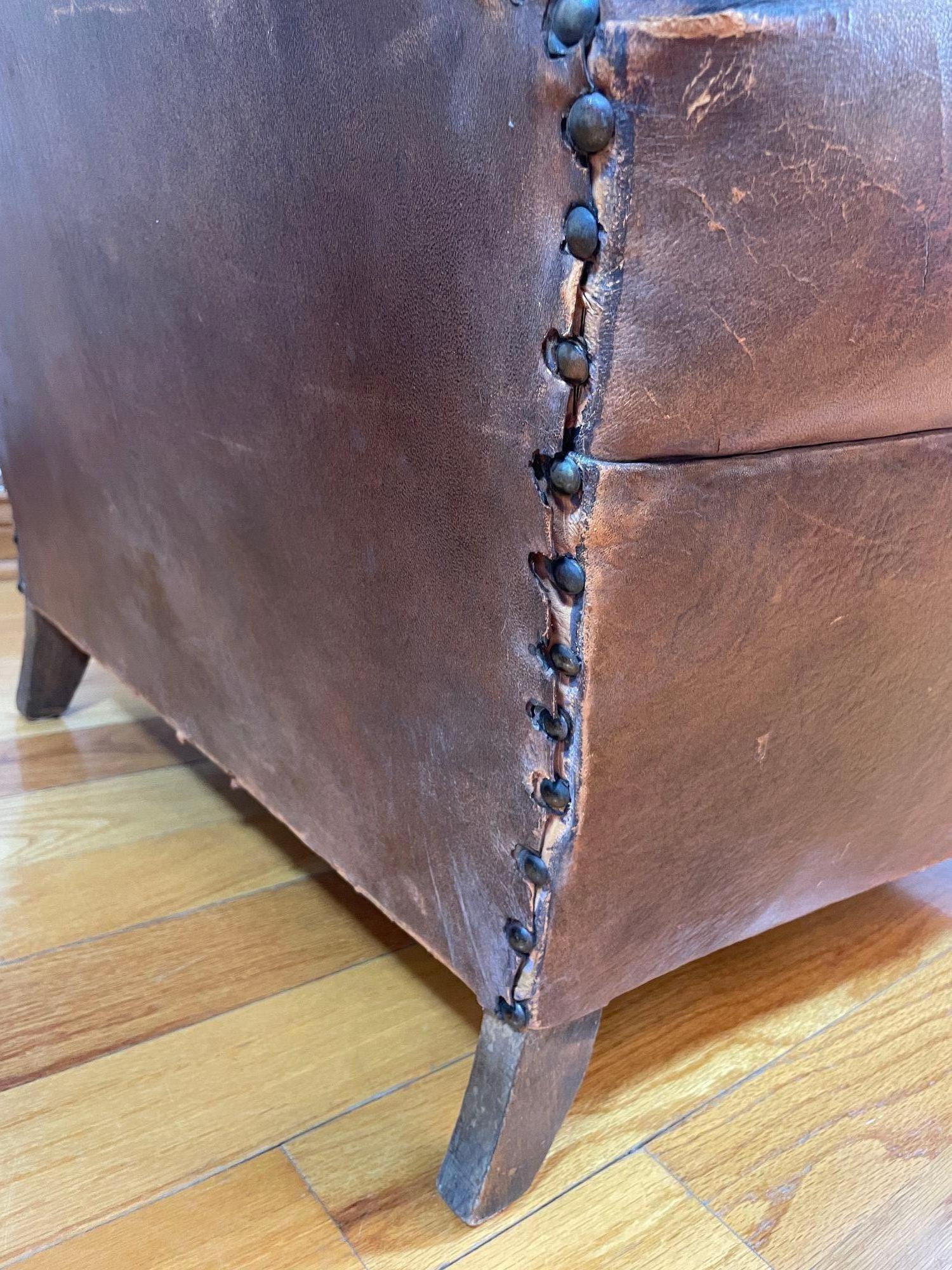 Antique 1930s French Leather Club Chair Distressed For Sale 9