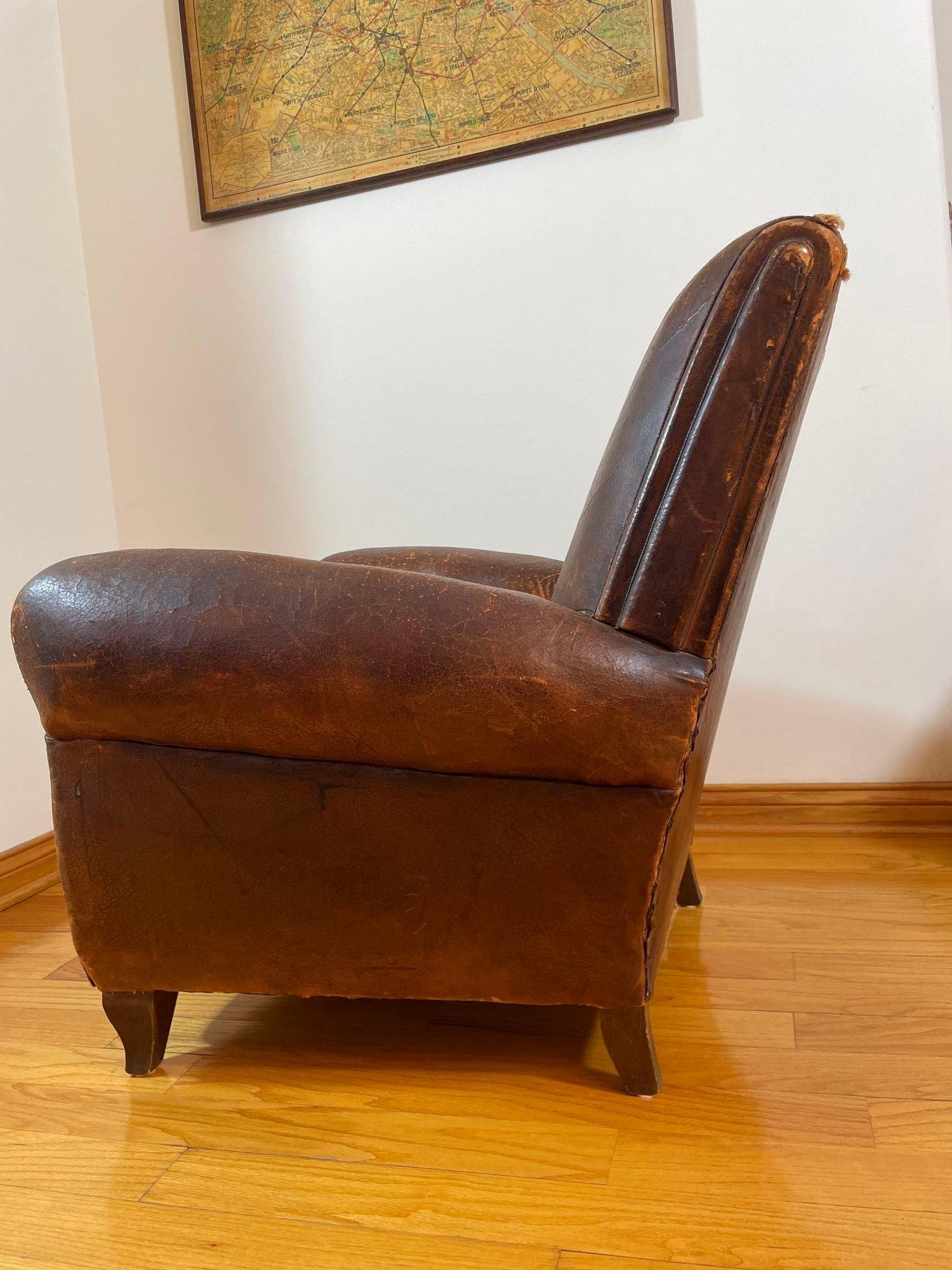 Antique 1930s French Leather Club Chair Distressed For Sale 10