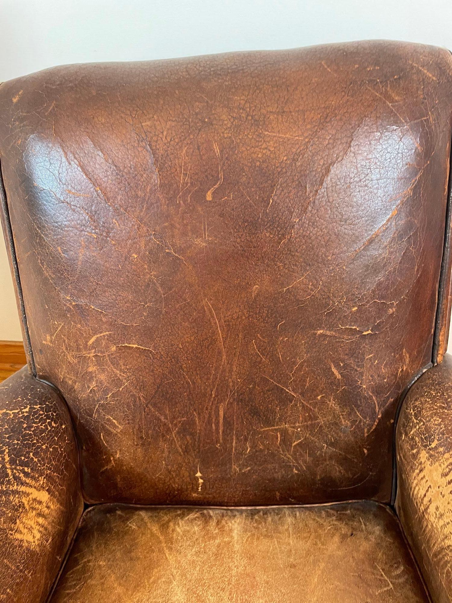Antique 1930s French Leather Club Chair Distressed For Sale 11