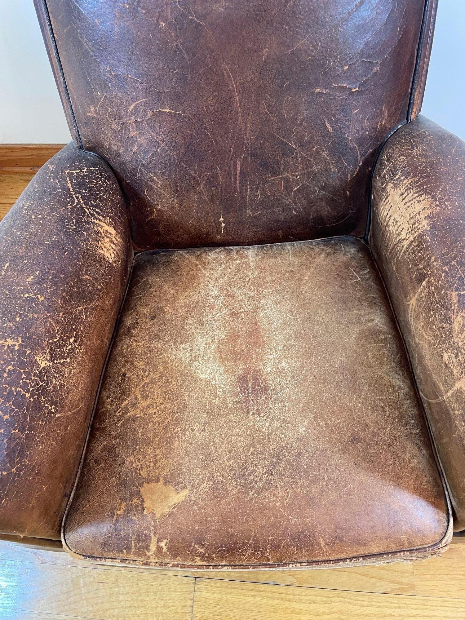 Antique 1930s French Leather Club Chair Distressed For Sale 12