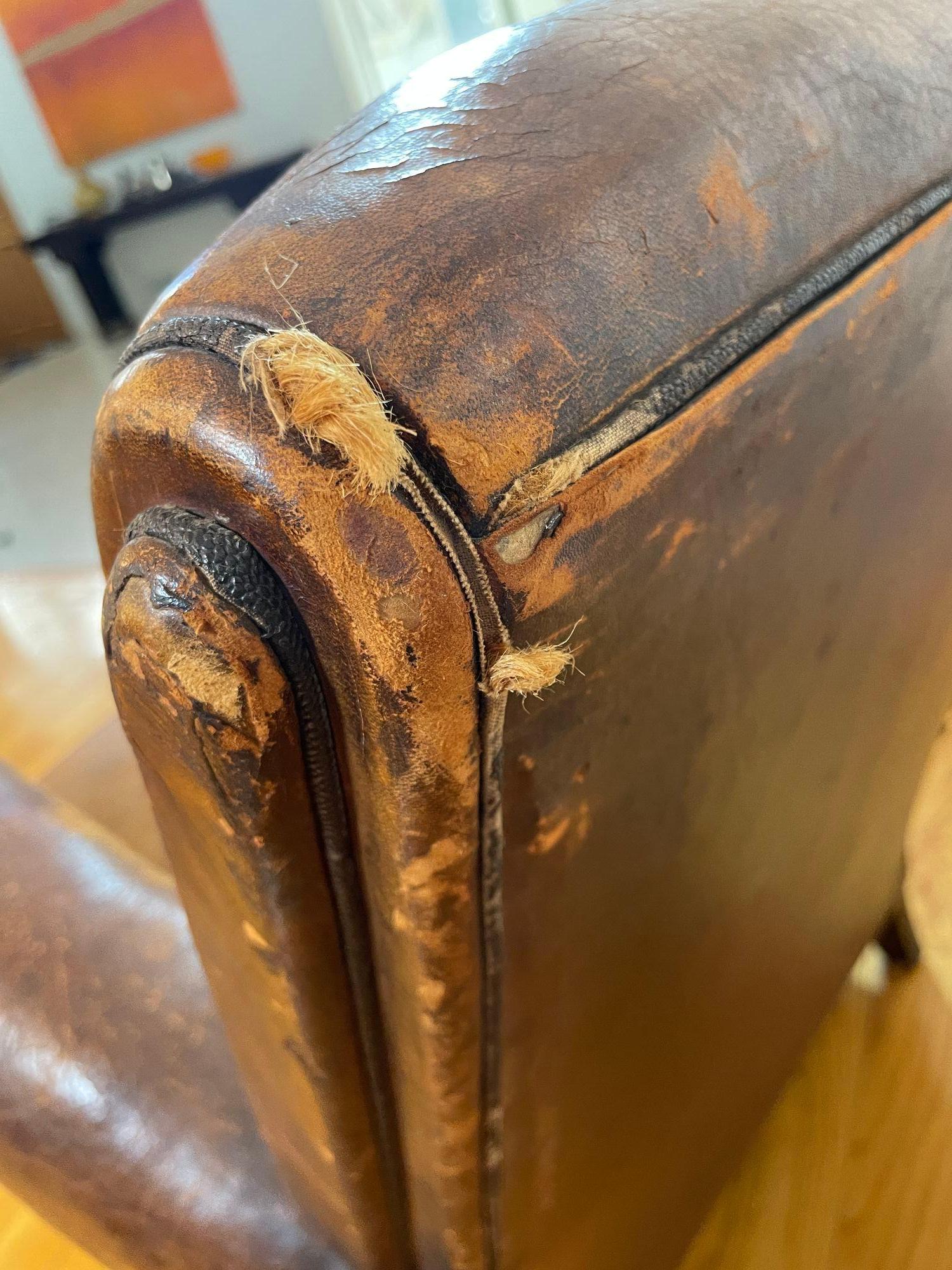 Antique 1930s French Leather Club Chair Distressed For Sale 14