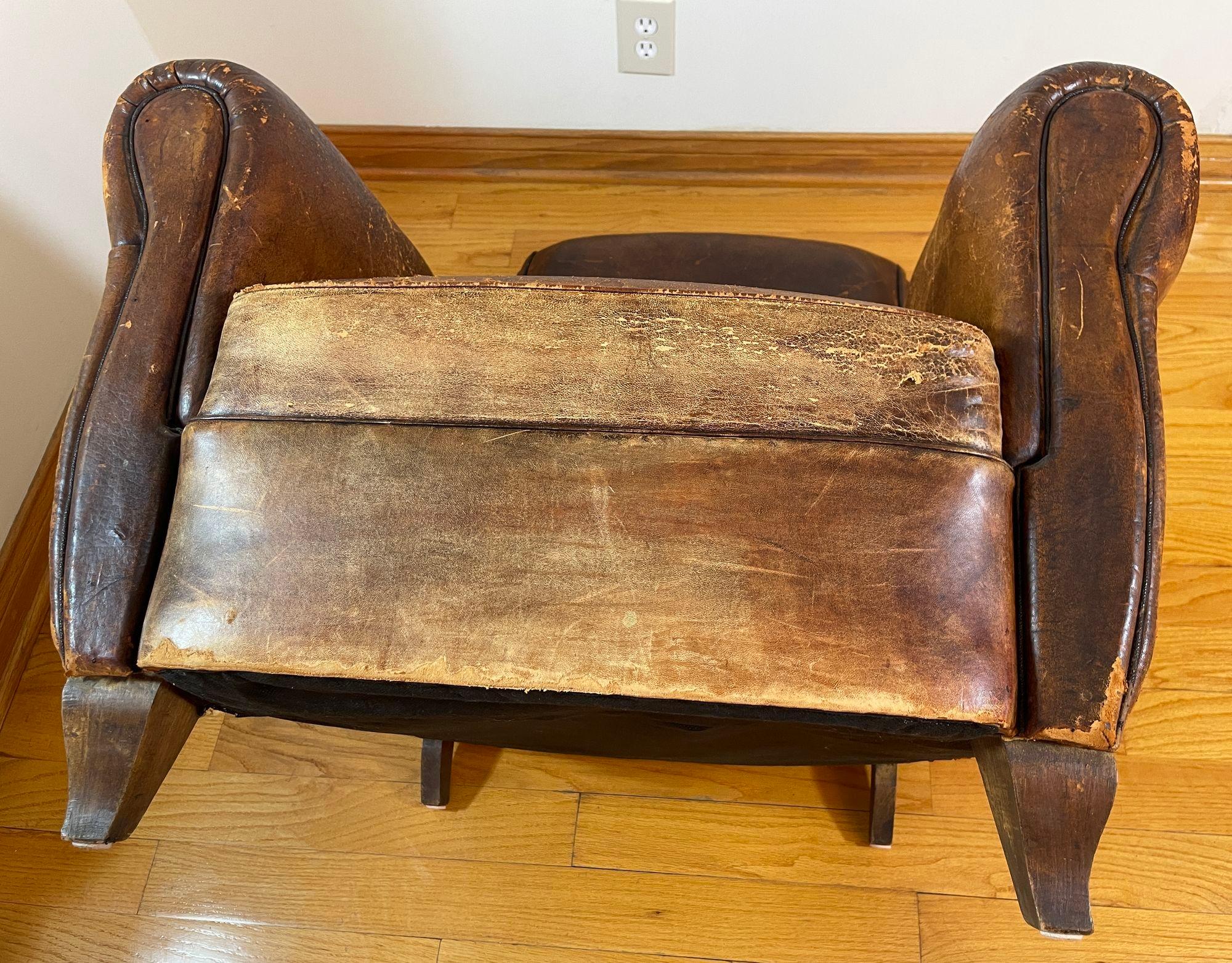 Antique 1930s French Leather Club Chair Distressed For Sale 15