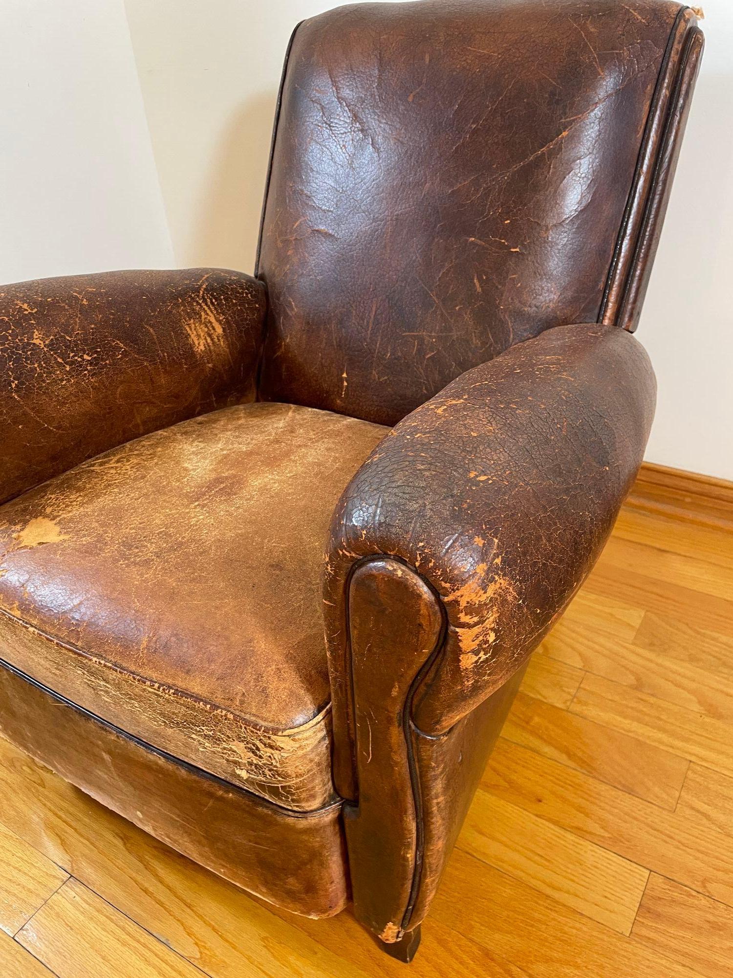 Art Deco Antique 1930s French Leather Club Chair Distressed For Sale