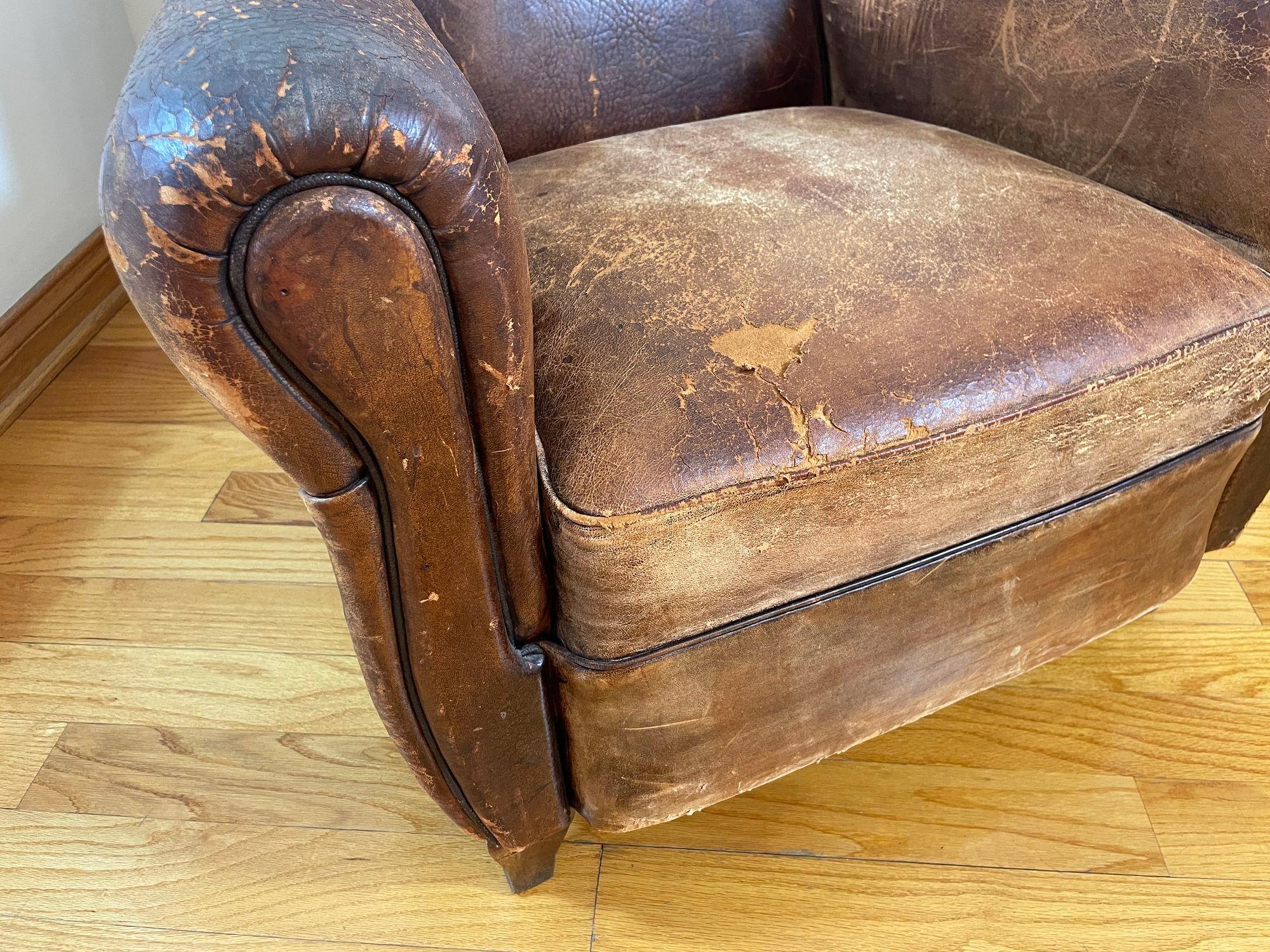 Antique 1930s French Leather Club Chair Distressed In Good Condition For Sale In North Hollywood, CA