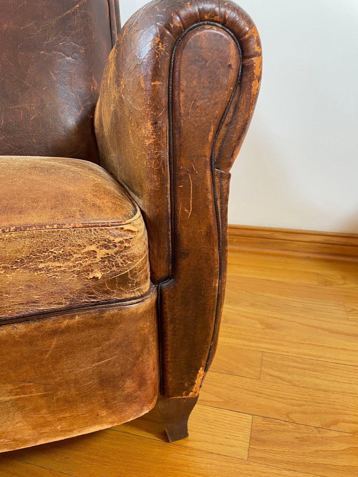 20th Century Antique 1930s French Leather Club Chair Distressed For Sale