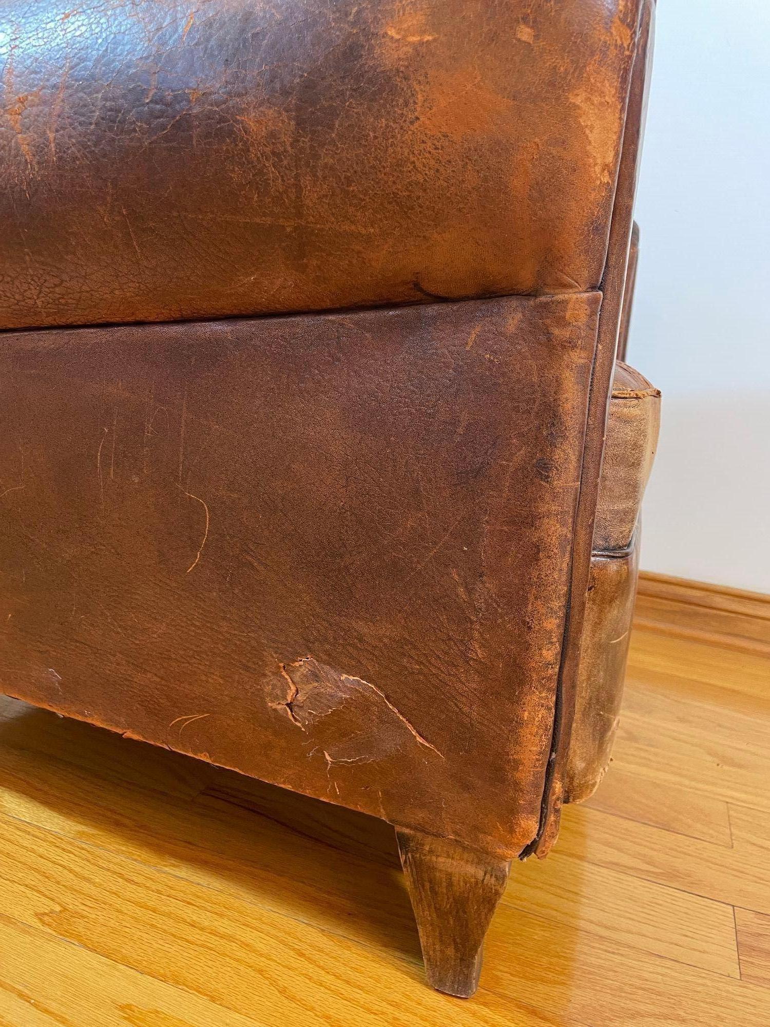 Antique 1930s French Leather Club Chair Distressed For Sale 1