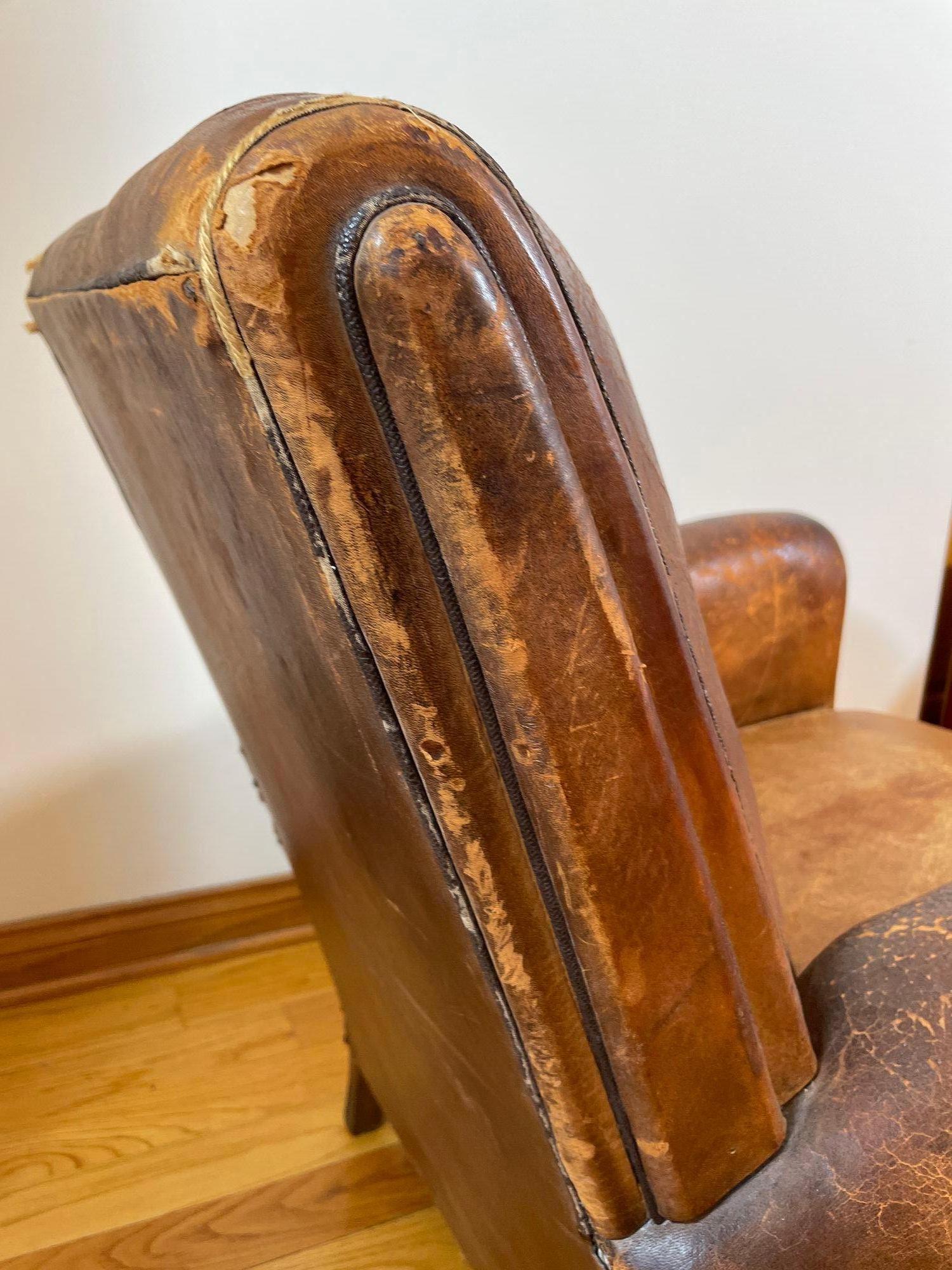 Antique 1930s French Leather Club Chair Distressed For Sale 3