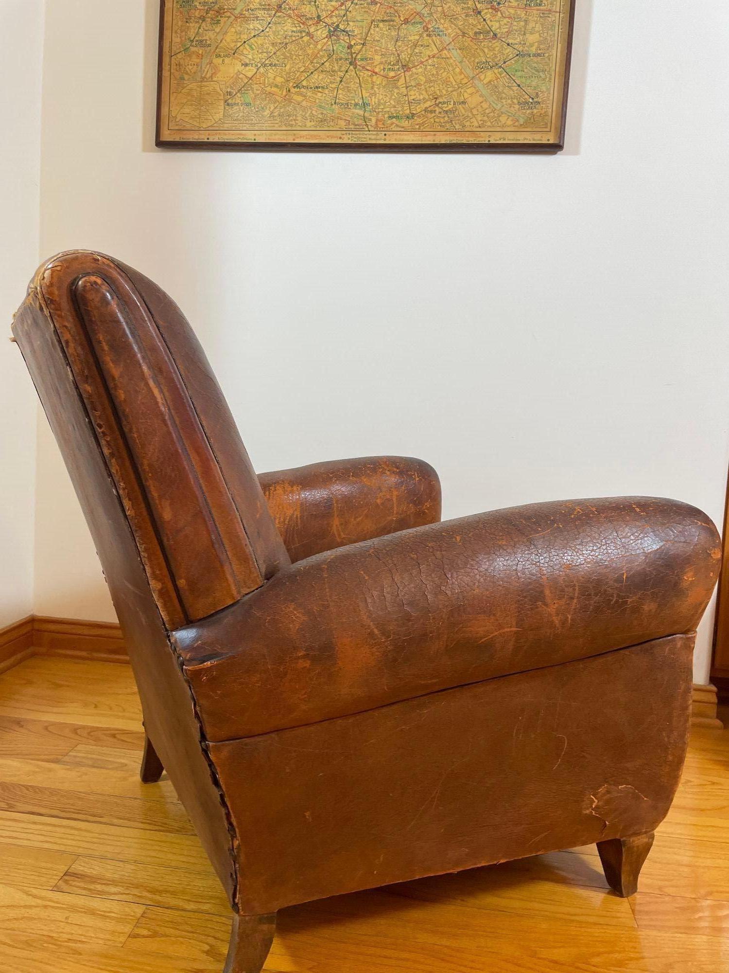 Antique 1930s French Leather Club Chair Distressed For Sale 4