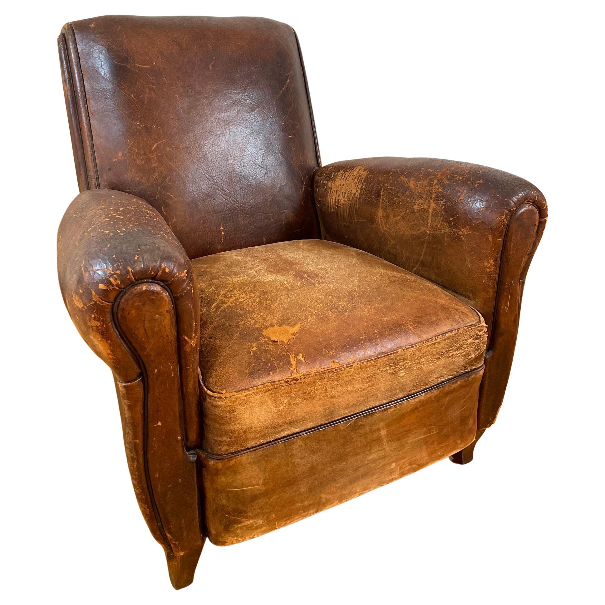 Antique 1930s French Leather Club Chair Distressed For Sale