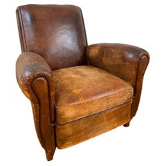 Used 1930s French Leather Club Chair Distressed