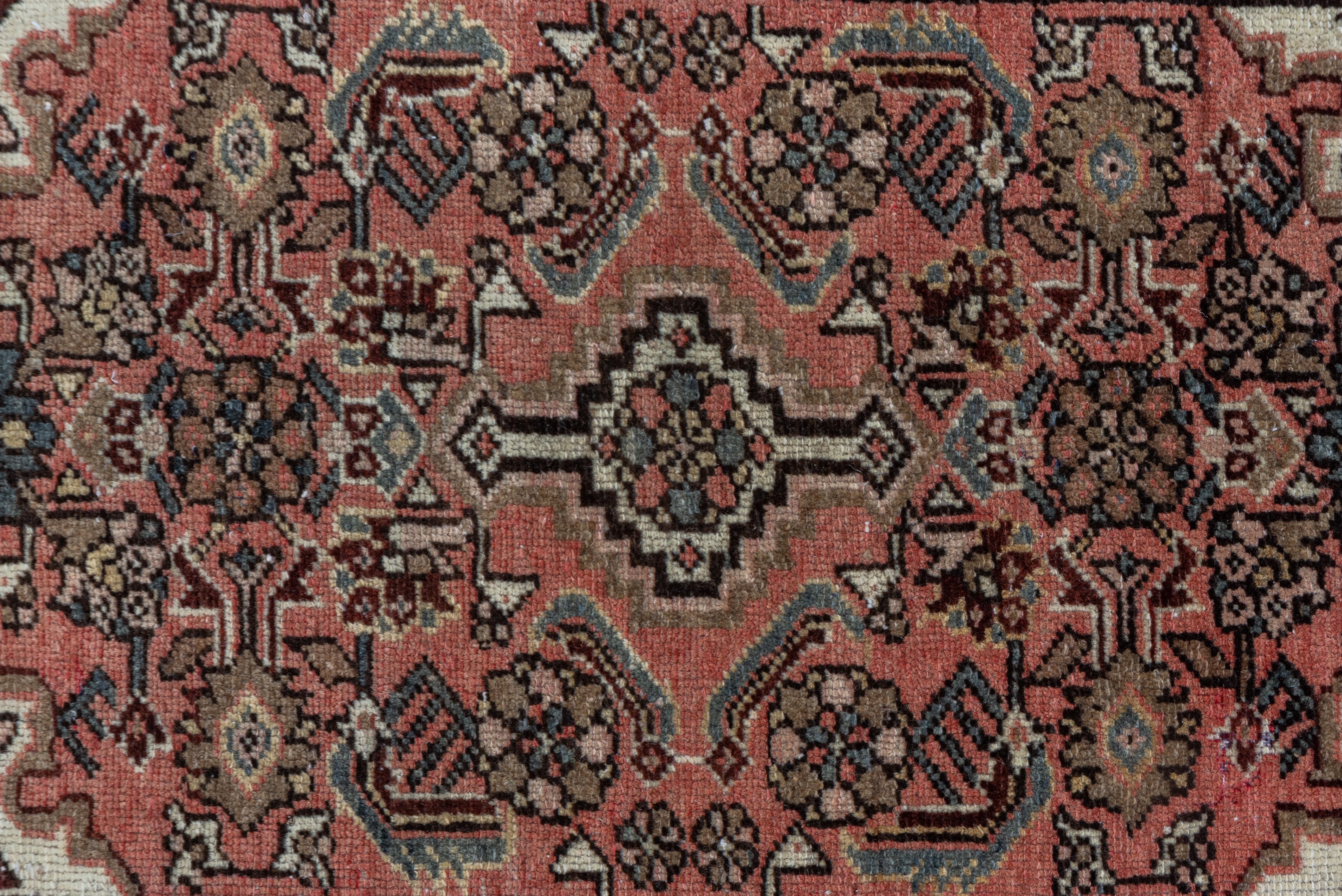 Wool Antique 1930s Hamadan in Soft Brick Red with Black Accented Central Medallion For Sale