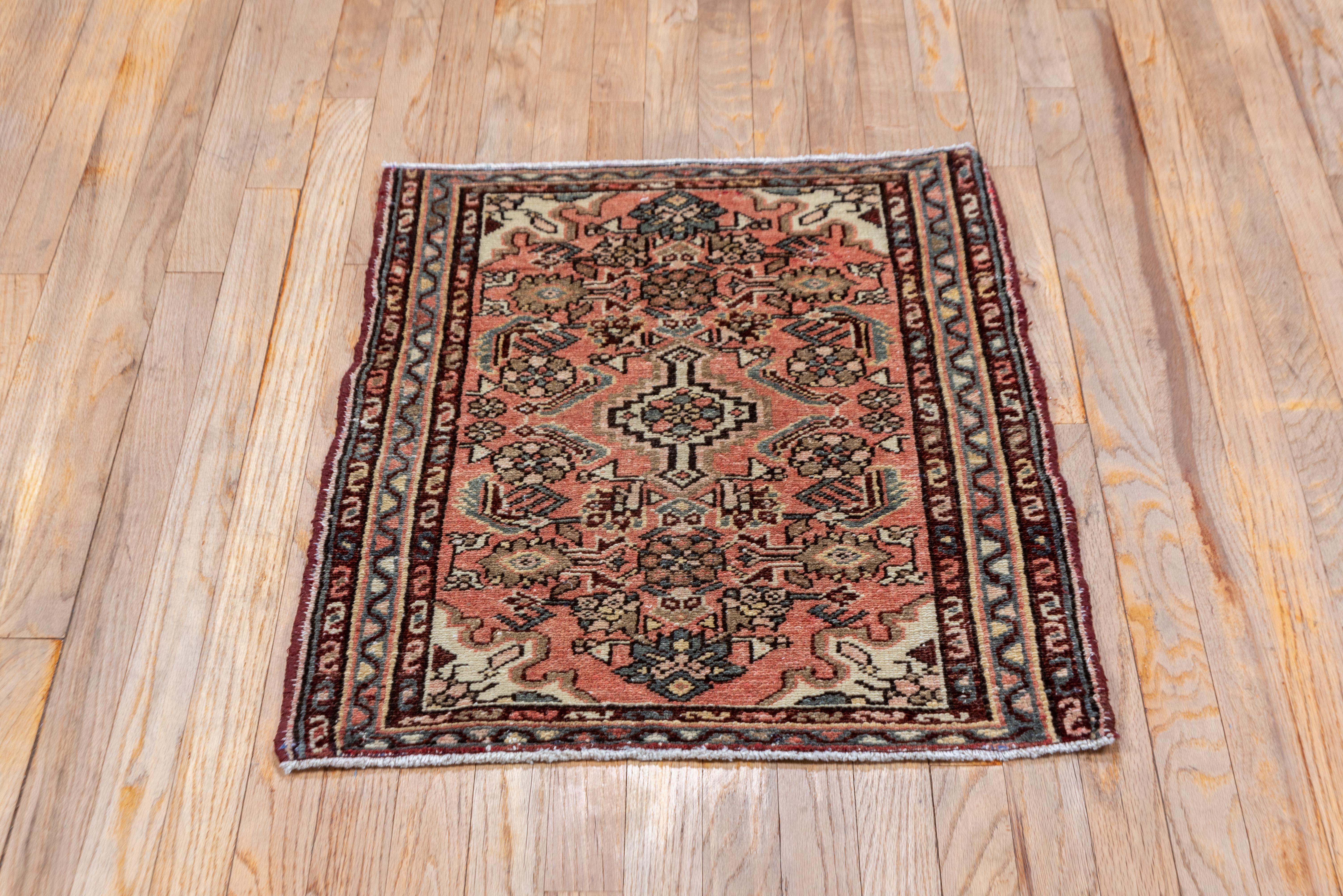 Antique 1930s Hamadan in Soft Brick Red with Black Accented Central Medallion For Sale 1