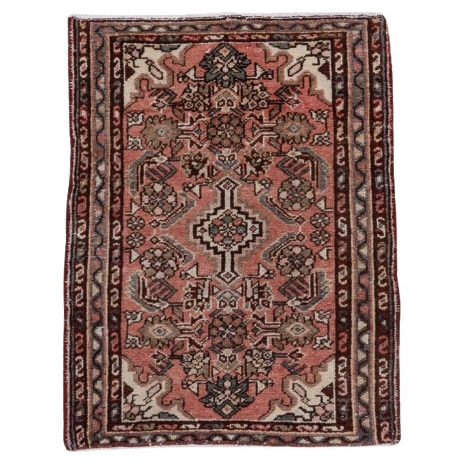 Antique 1930s Hamadan in Soft Brick Red with Black Accented Central Medallion