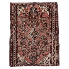 Antique 1930s Hamadan in Soft Brick Red with Black Accented Central Medallion