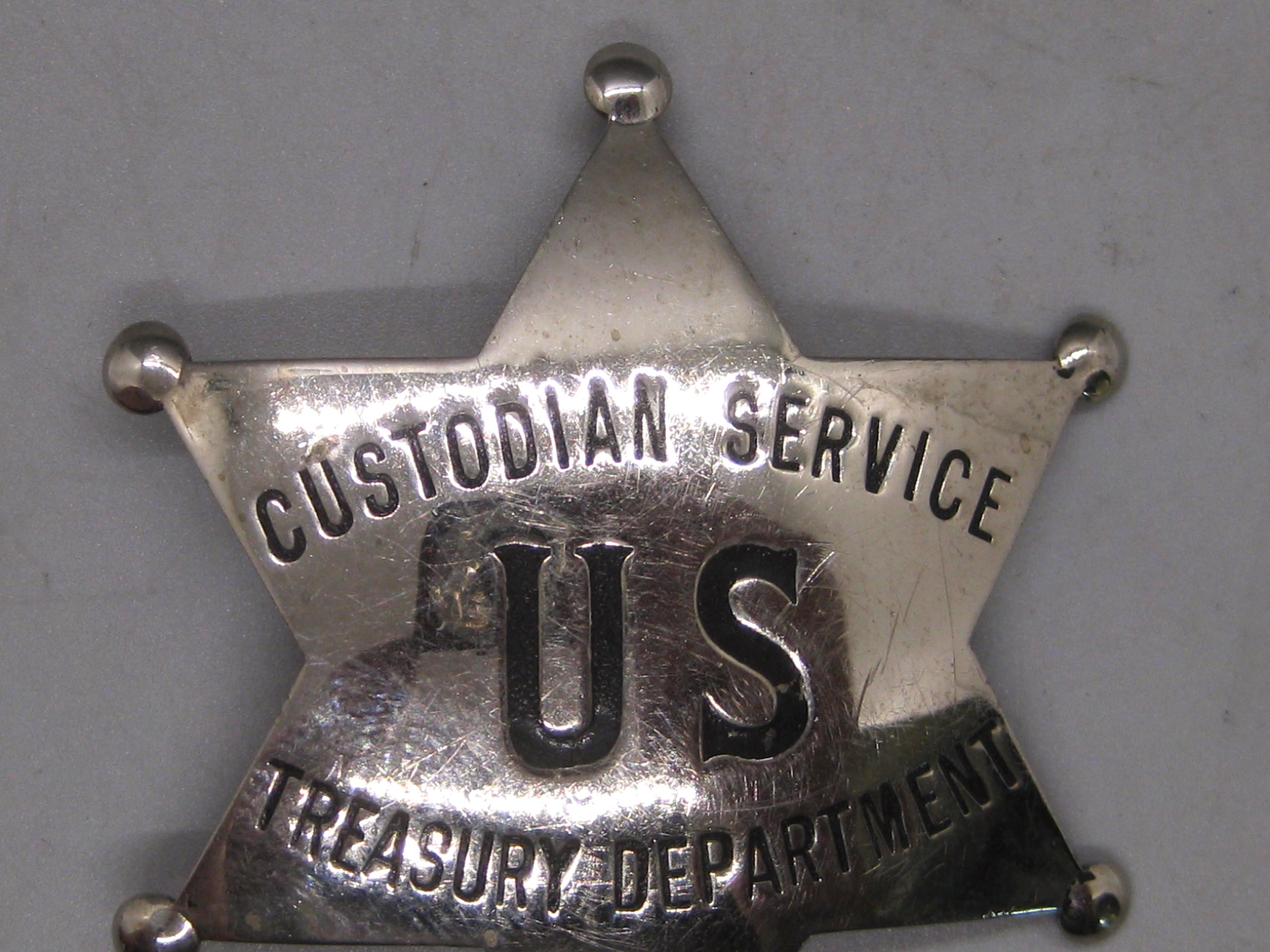 Up for sale is a very rare original Obsolete antique U.S. Treasury Department Custodian Service Marshall 6 point star badge dating from the late 1920's to early 1930's This is a prohibition era badge. Made by Moise Klinkner Co. and is marked on the