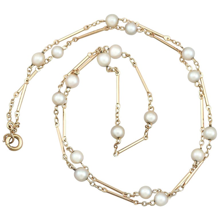 Antique 1930s Natural Pearl and Yellow Gold Necklace at 1stDibs