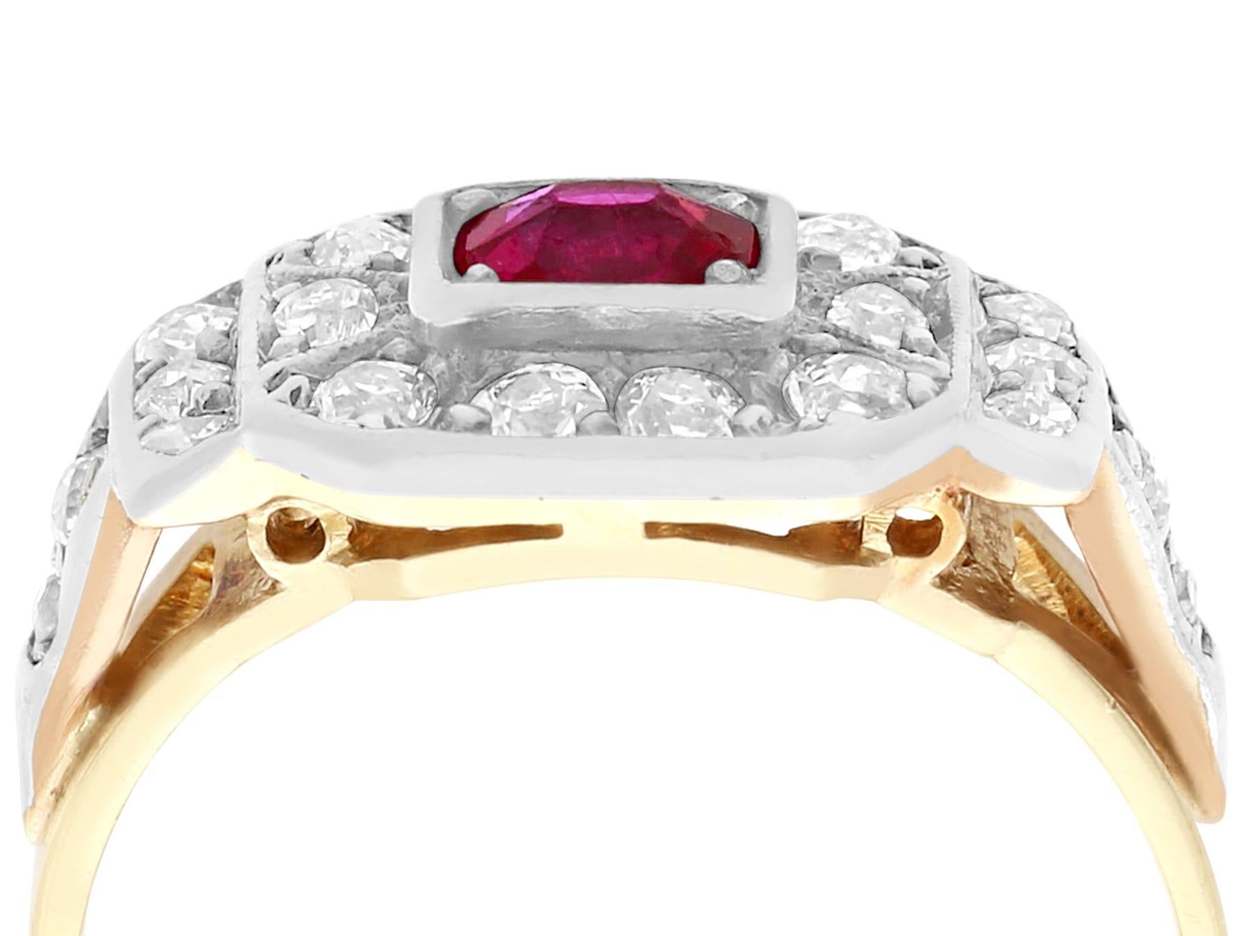 A fine and impressive antique 0.60 carat natural ruby and 0.59 carat diamond, 14 karat yellow gold, 14 karat white gold set cocktail ring; part of our antique jewelry and estate jewelry collections.

This impressive antique oval cut ruby and diamond