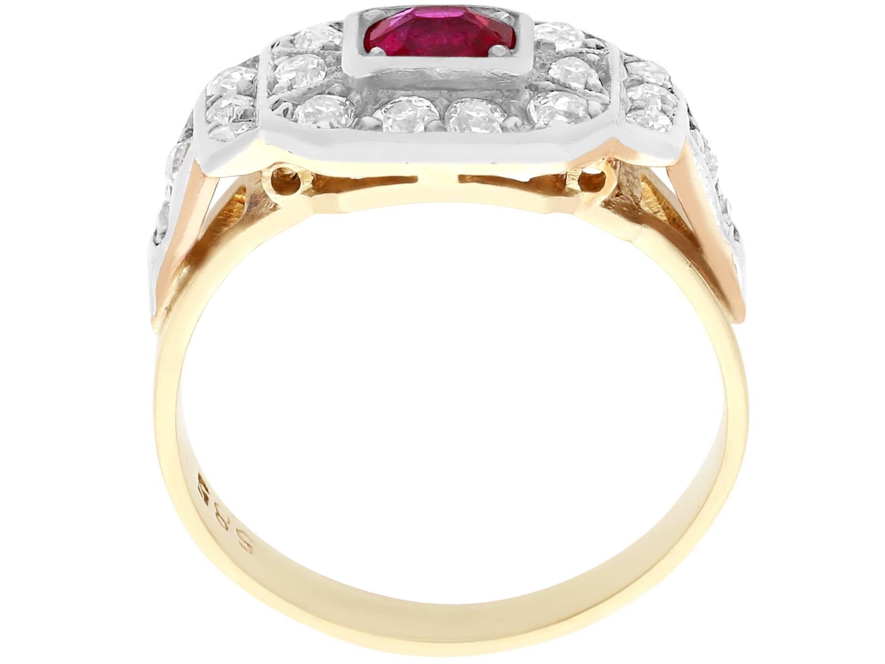 Round Cut Antique 1930s Oval Cut Ruby and Diamond Yellow Gold Cocktail Ring For Sale