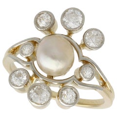 Antique 1930s Pearl and Diamond Yellow Gold Cluster Ring