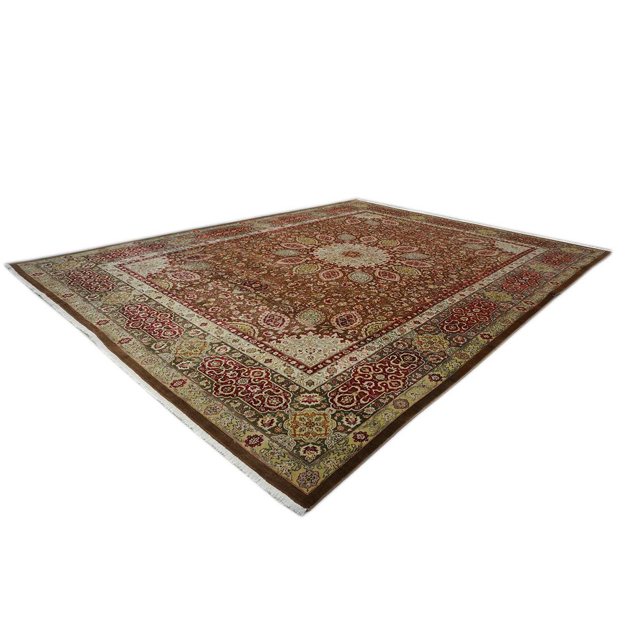 Antiker persischer Tabriz-Teppich 10x14 aus den 1930er Jahren, braun, rot und dunkelgrün, handgefertigt (Wolle) im Angebot