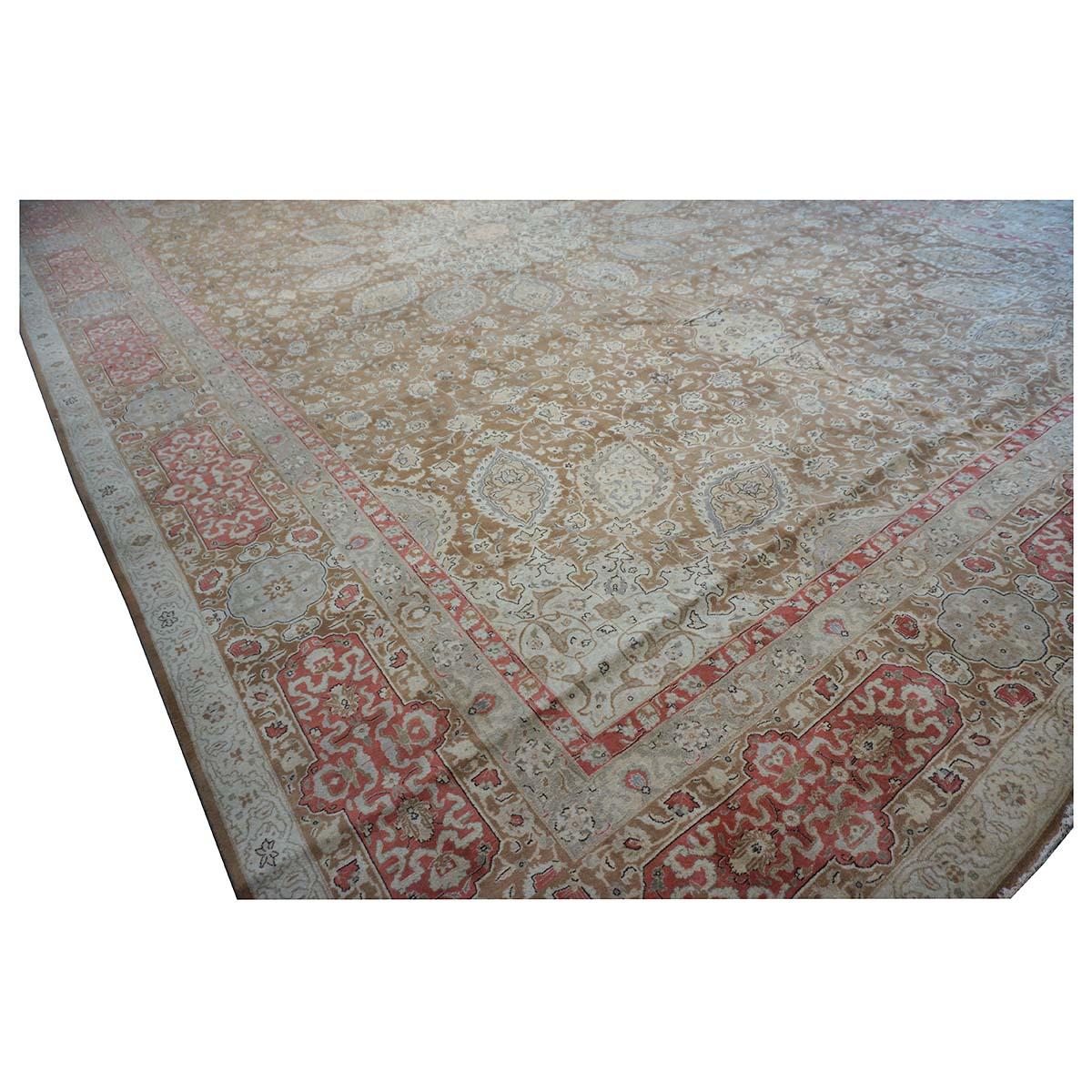 Antique 1930s Persian Tabriz 13x20 Brown & Salmon Oversized Handmade Area Rug For Sale 4