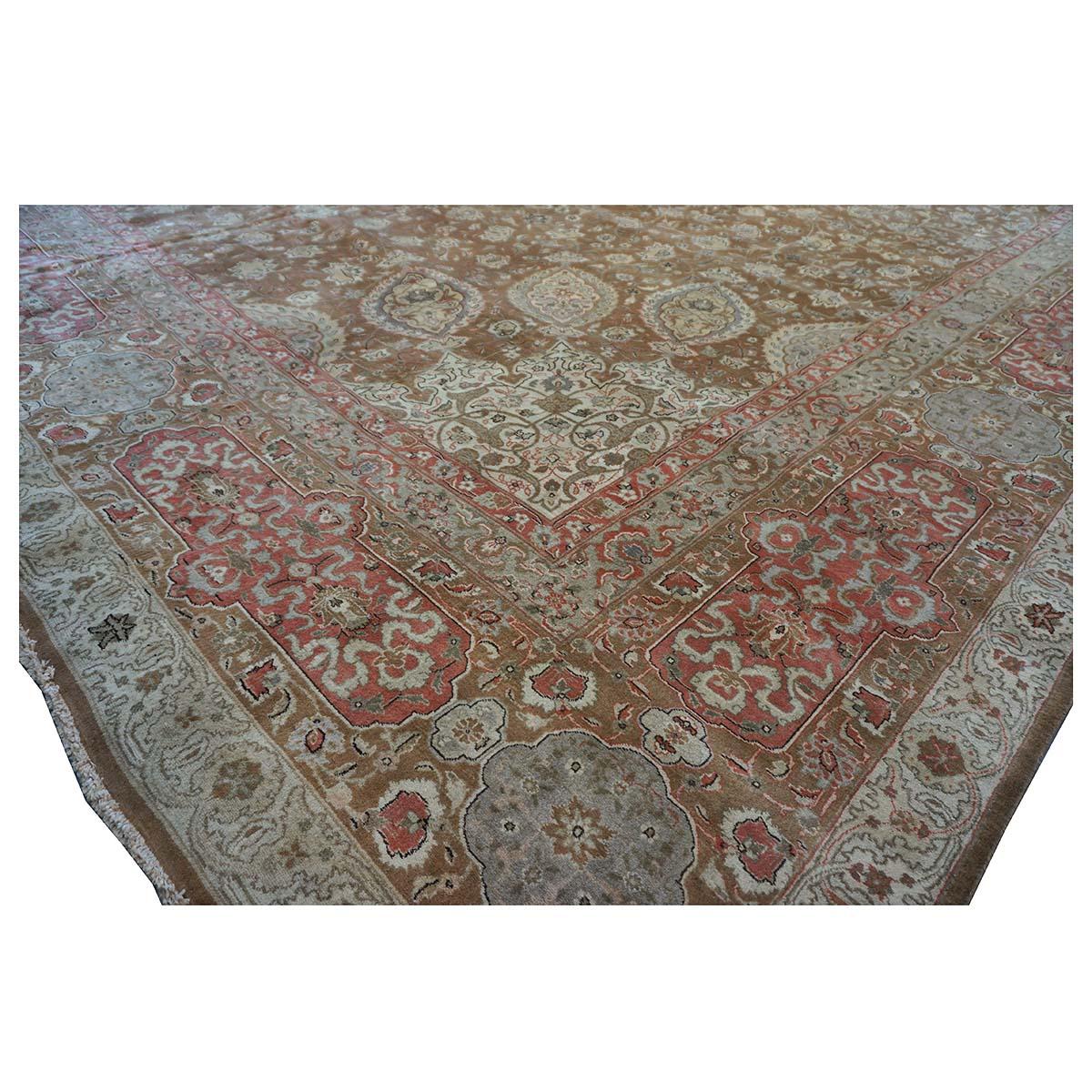 Antique 1930s Persian Tabriz 13x20 Brown & Salmon Oversized Handmade Area Rug For Sale 7