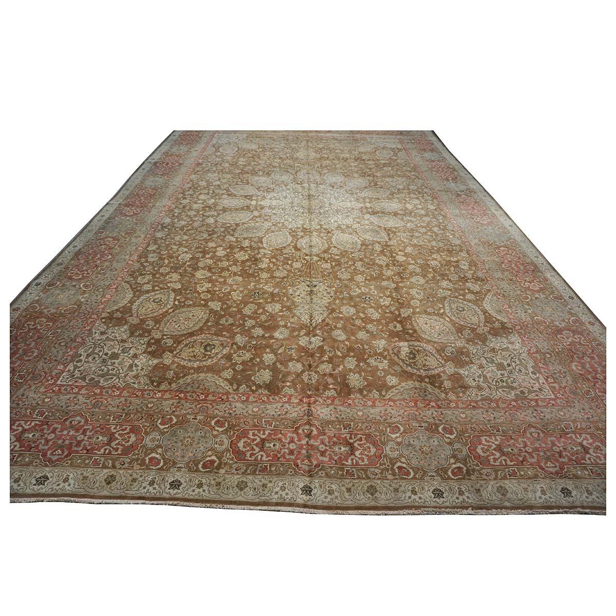 Hand-Woven Antique 1930s Persian Tabriz 13x20 Brown & Salmon Oversized Handmade Area Rug For Sale