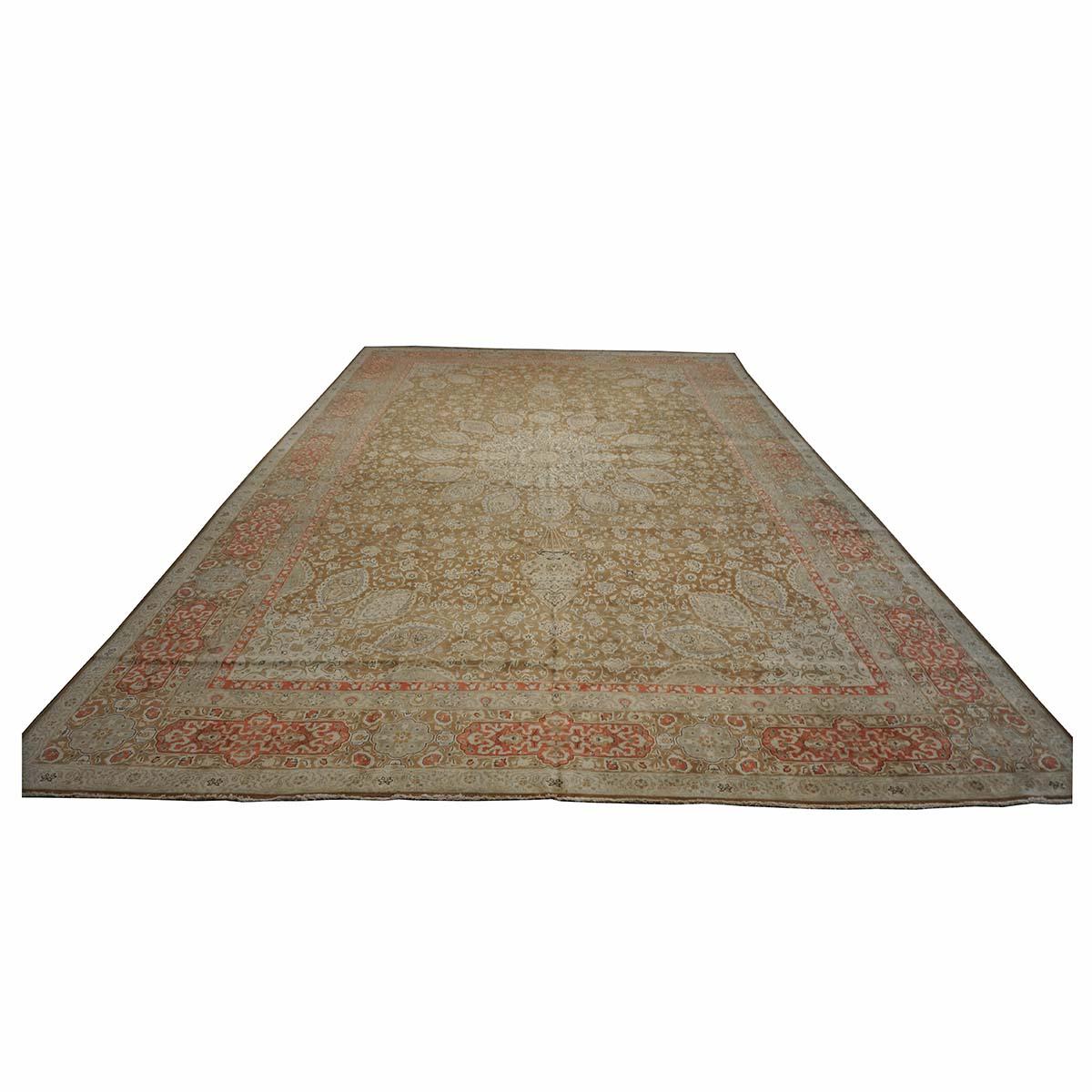 Mid-20th Century Antique 1930s Persian Tabriz 13x20 Brown & Salmon Oversized Handmade Area Rug For Sale