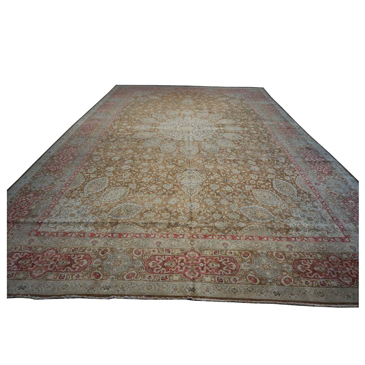 Wool Antique 1930s Persian Tabriz 13x20 Brown & Salmon Oversized Handmade Area Rug For Sale
