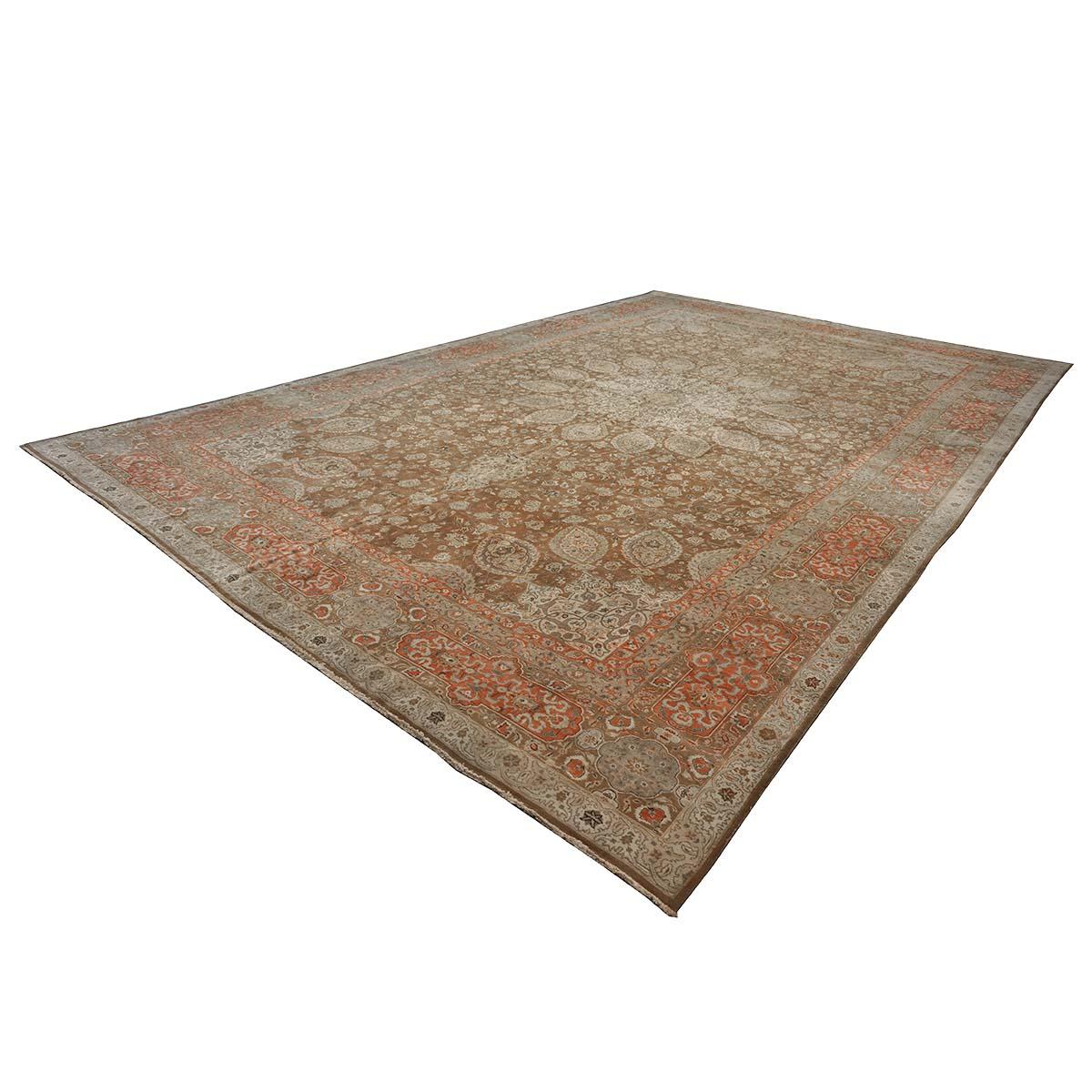 Antique 1930s Persian Tabriz 13x20 Brown & Salmon Oversized Handmade Area Rug For Sale 1